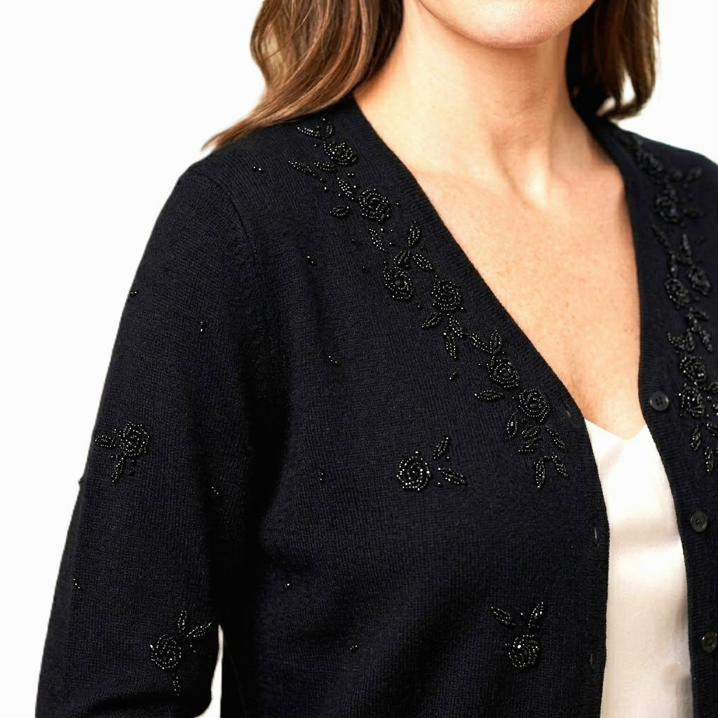 TALBOTS Sz S Black Floral Beaded Soft SILK CASHMERE Button Cardigan Sweater NWOT