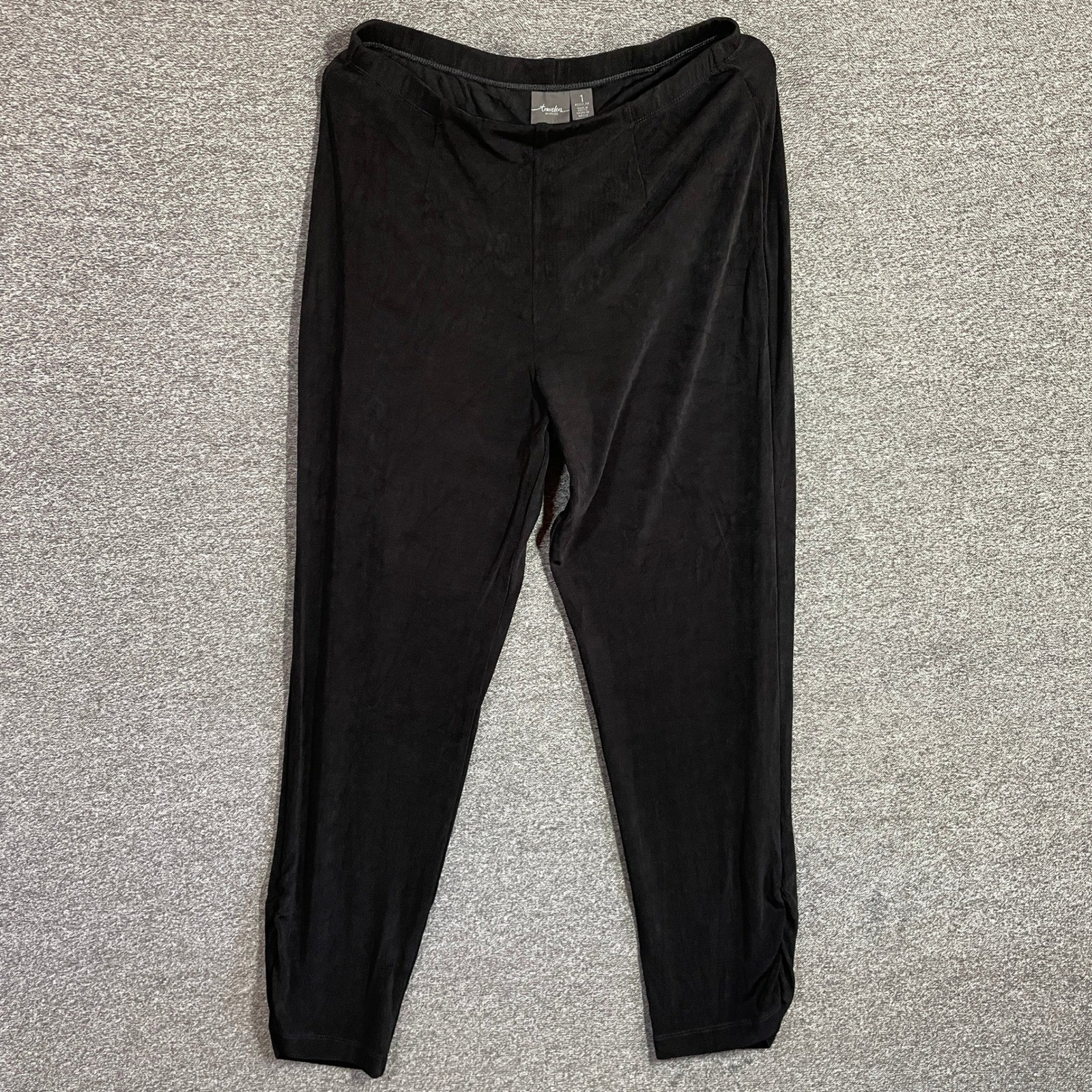 Chicos Travelers Black Slinky Knit Ruched Hem Pull On Pants Size 1 Regular