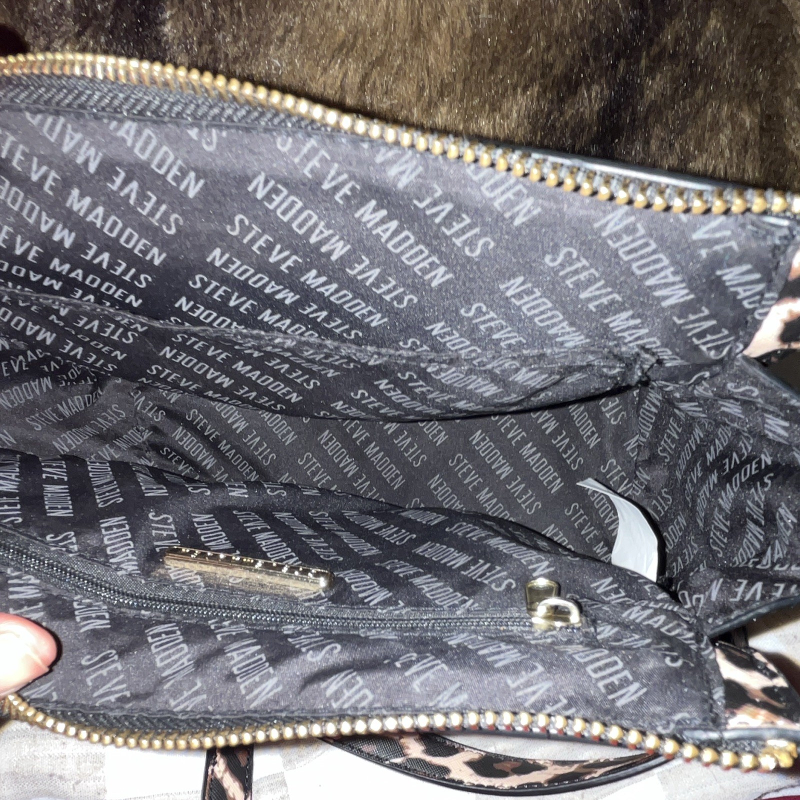 Steve Madden Animal Print Crossbody Bag Brown Black Gold Hardware Zip, Pockets