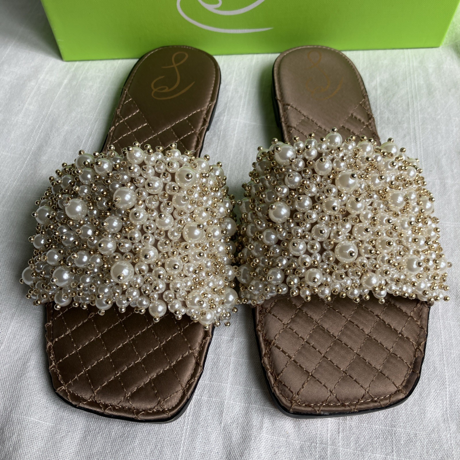 Sam Edelman Toffee Pearl Embellished Quilted Elijah Slide Sandals Size 8 gold