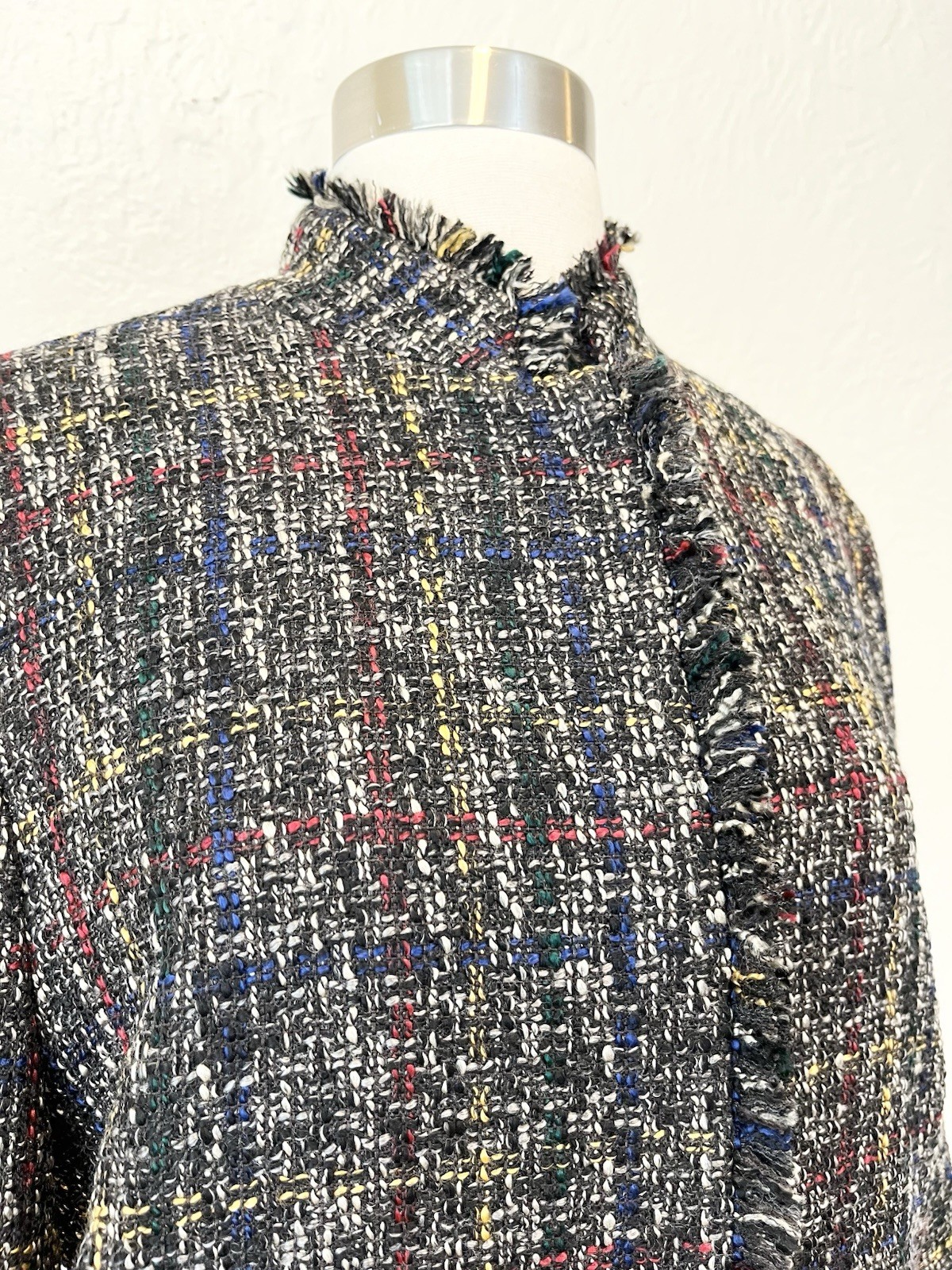 J. McLaughlin Jacket Coat Black Blue Tweed Fringe Large L