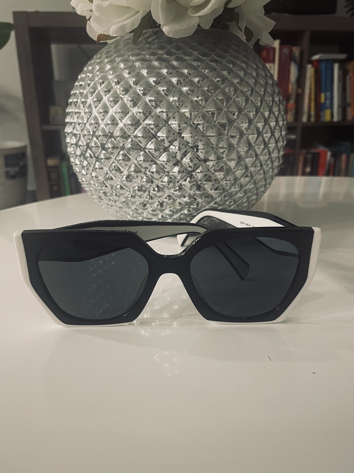 PRADA PR 15WS 09Q5S0 145mm Frame Rectangular Sunglasses – Black/White/Gray