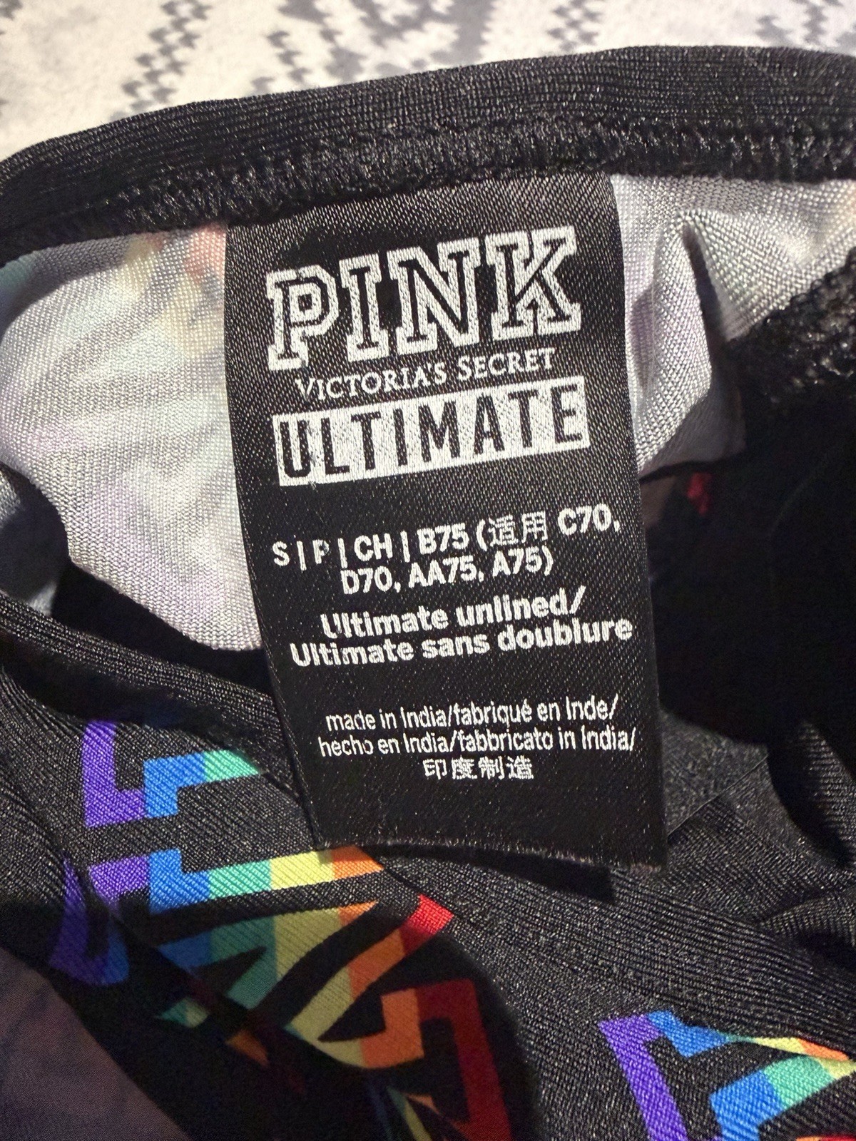 PINK Ultimate Unlined Wireless Racerback Sports Bra Black Logo Print S