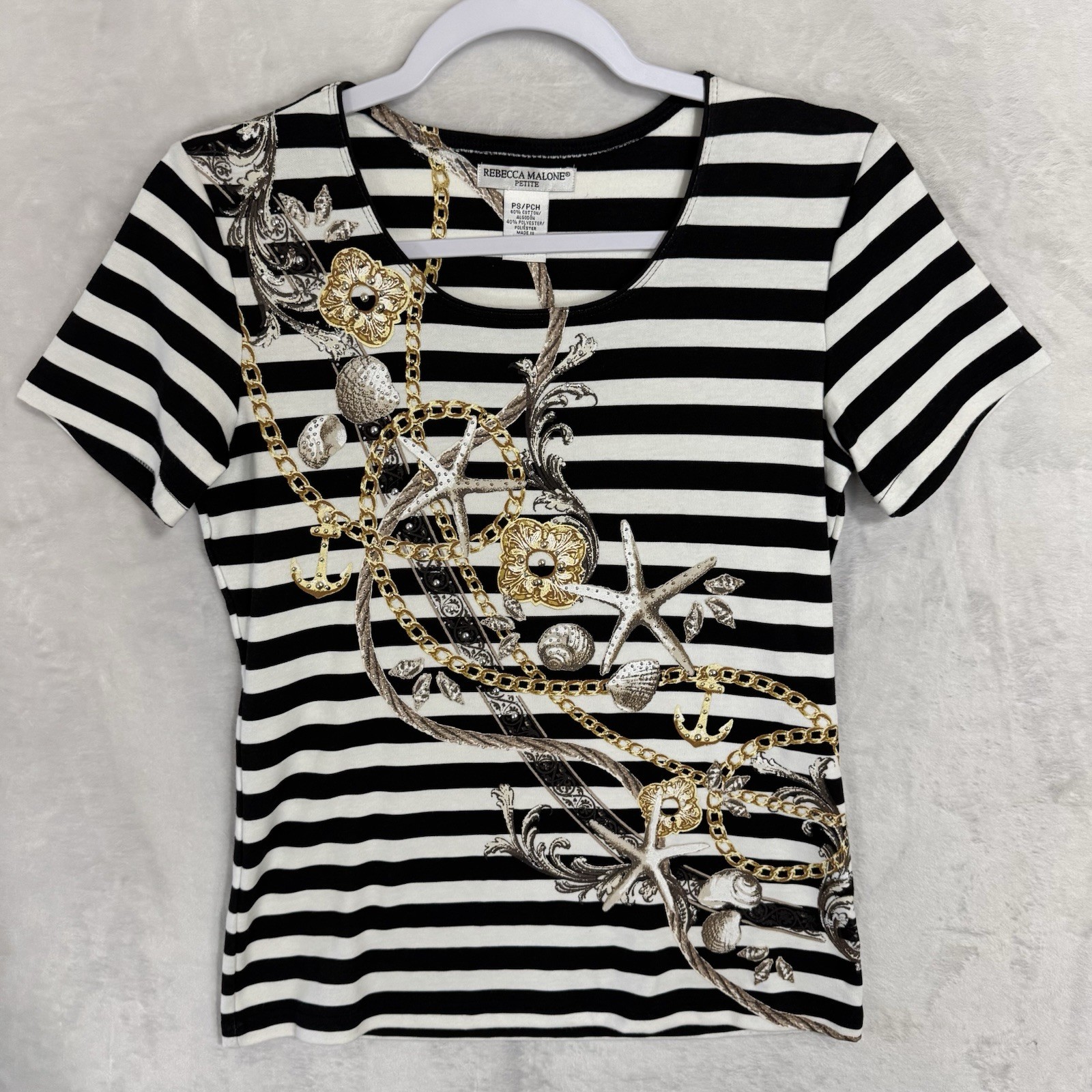 Studded Nautical Striped T Shirt Size Small P Sailor Top Seashell Beach Anchor
