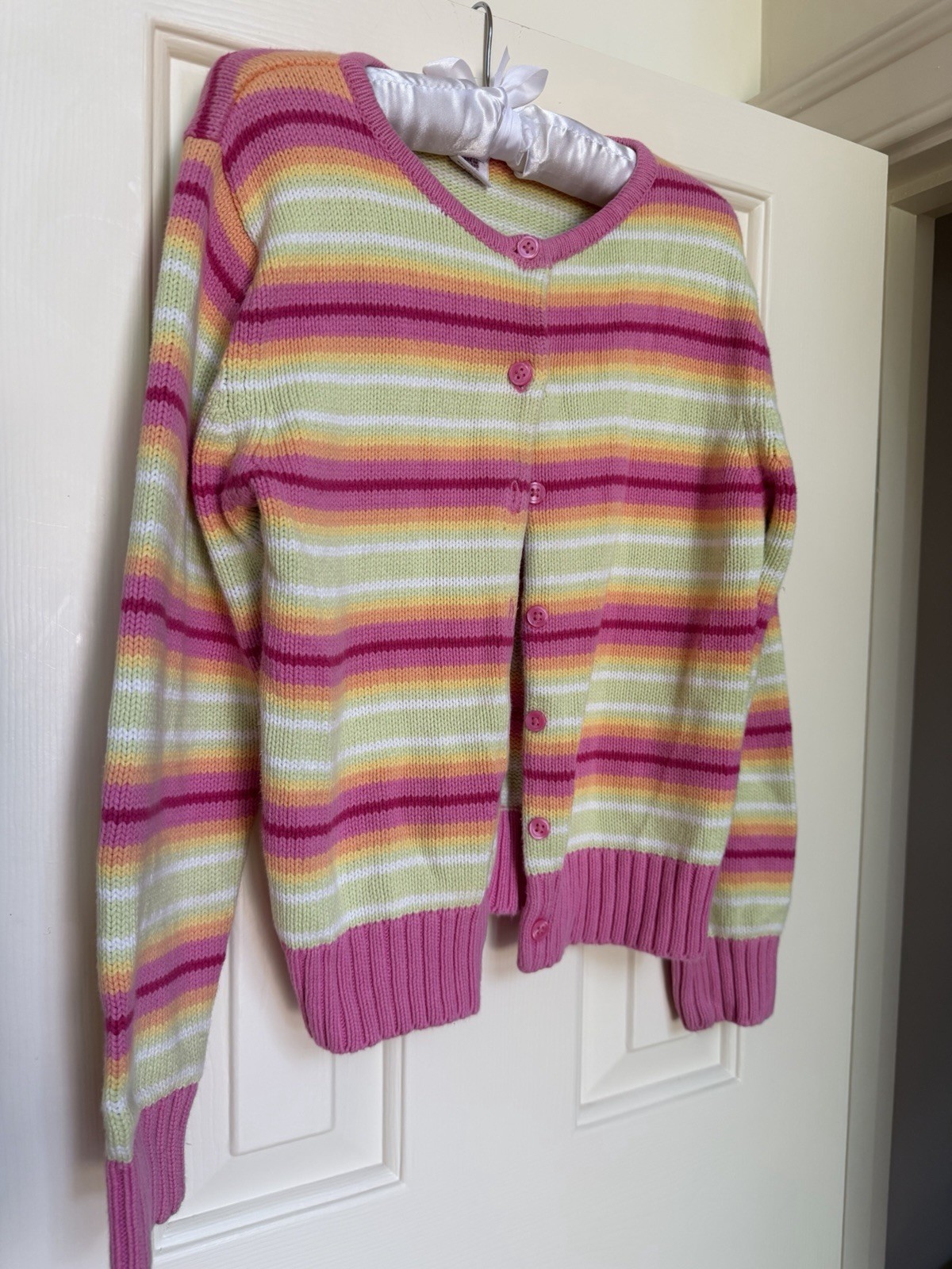 Vintage 2003 Gymboree Girls Size 9 Striped Cardigan Sweater Pink Green Y2K