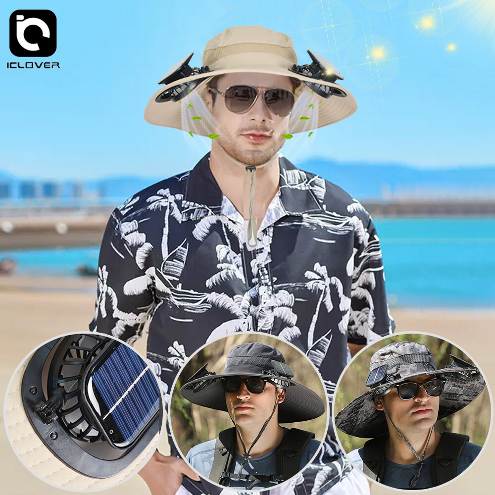 Outdoor Wide Brim Sun Hat with Solar Fan Bucket Men Women Fishing Beach Built In