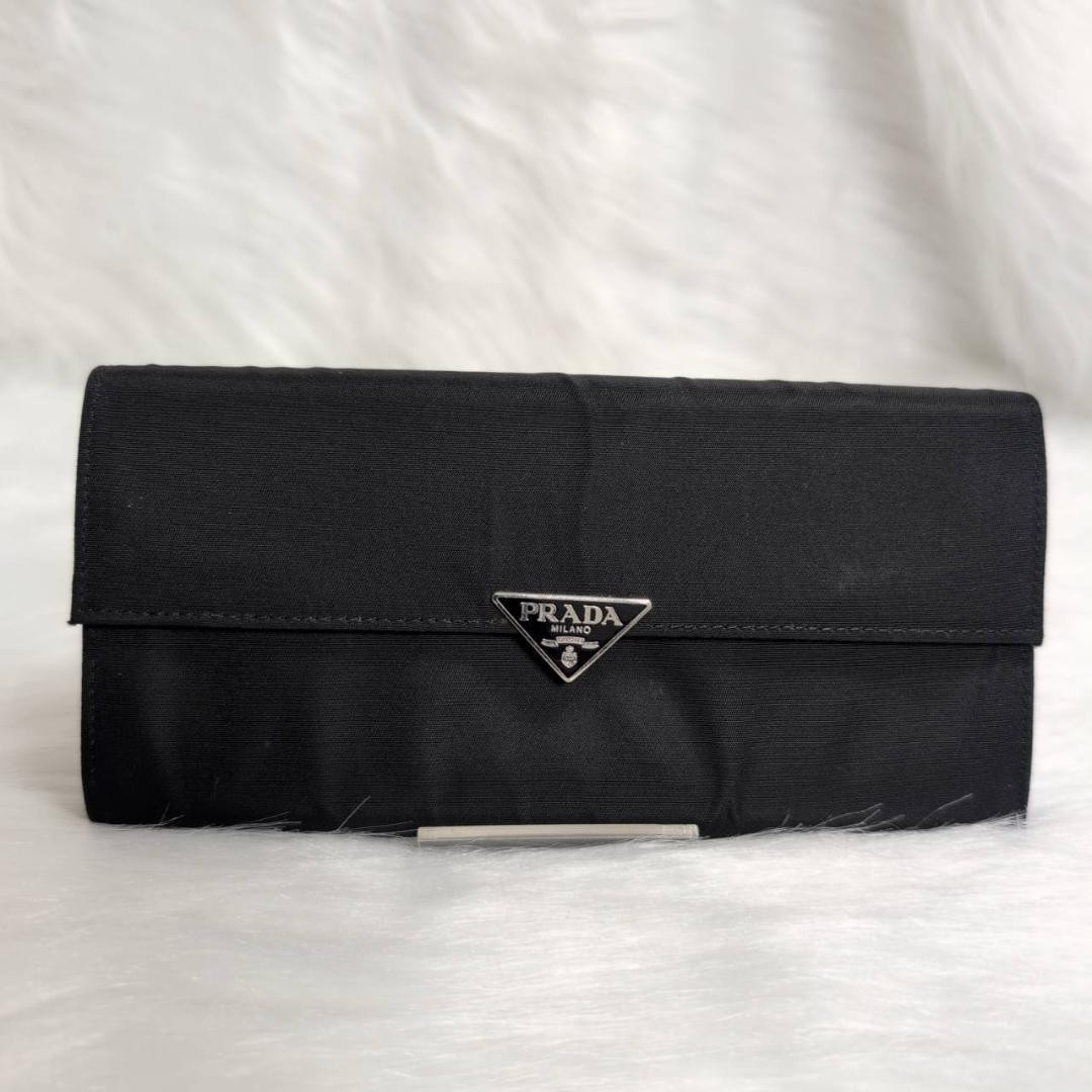 PRADA Triangle Logo Plate Nylon Leather Bi Fold Long Wallet 1M1037