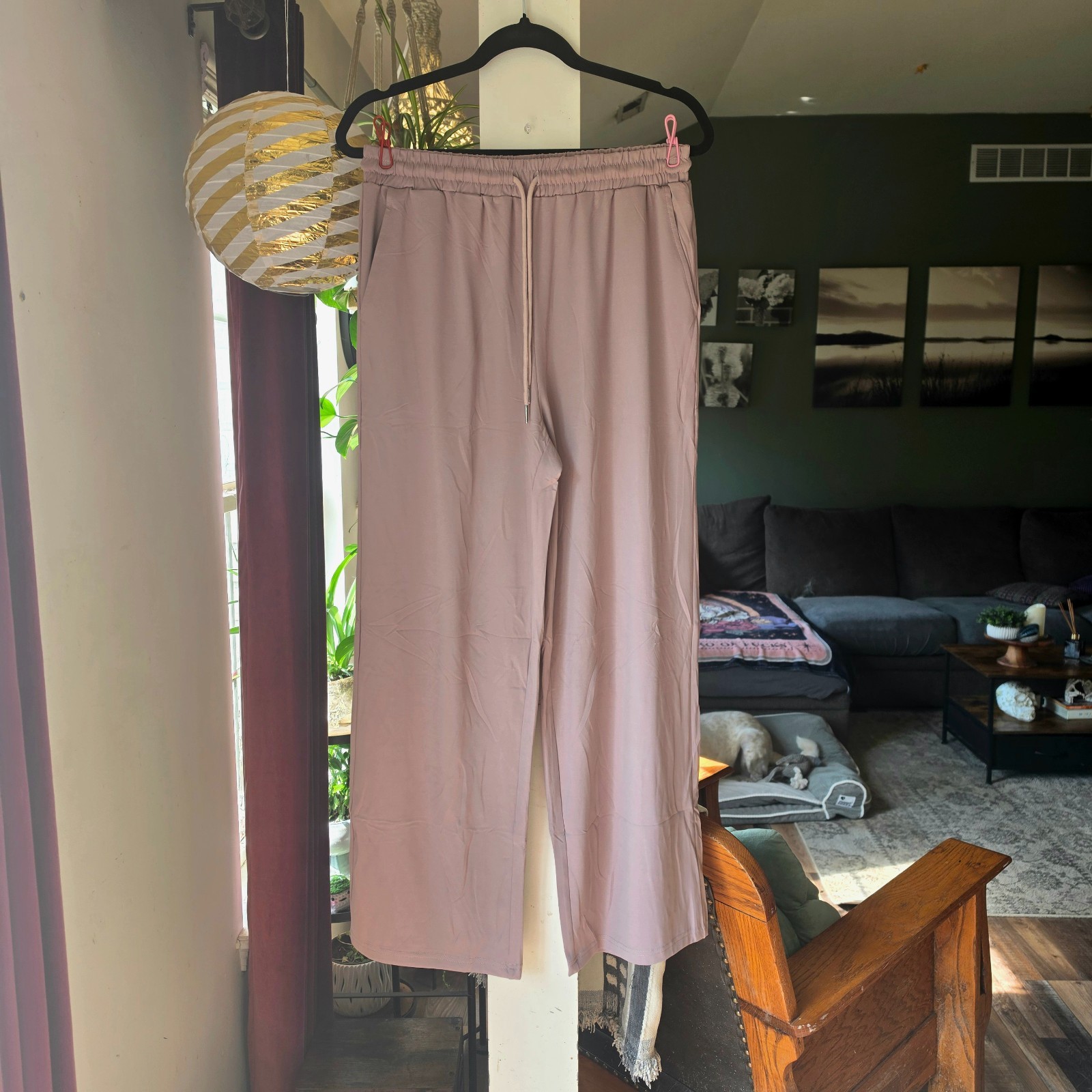 ZESICA Womens 2 Pc Lounge Set Ruched Bell Sleeve Top Wide Leg Pants Rose Taupe M