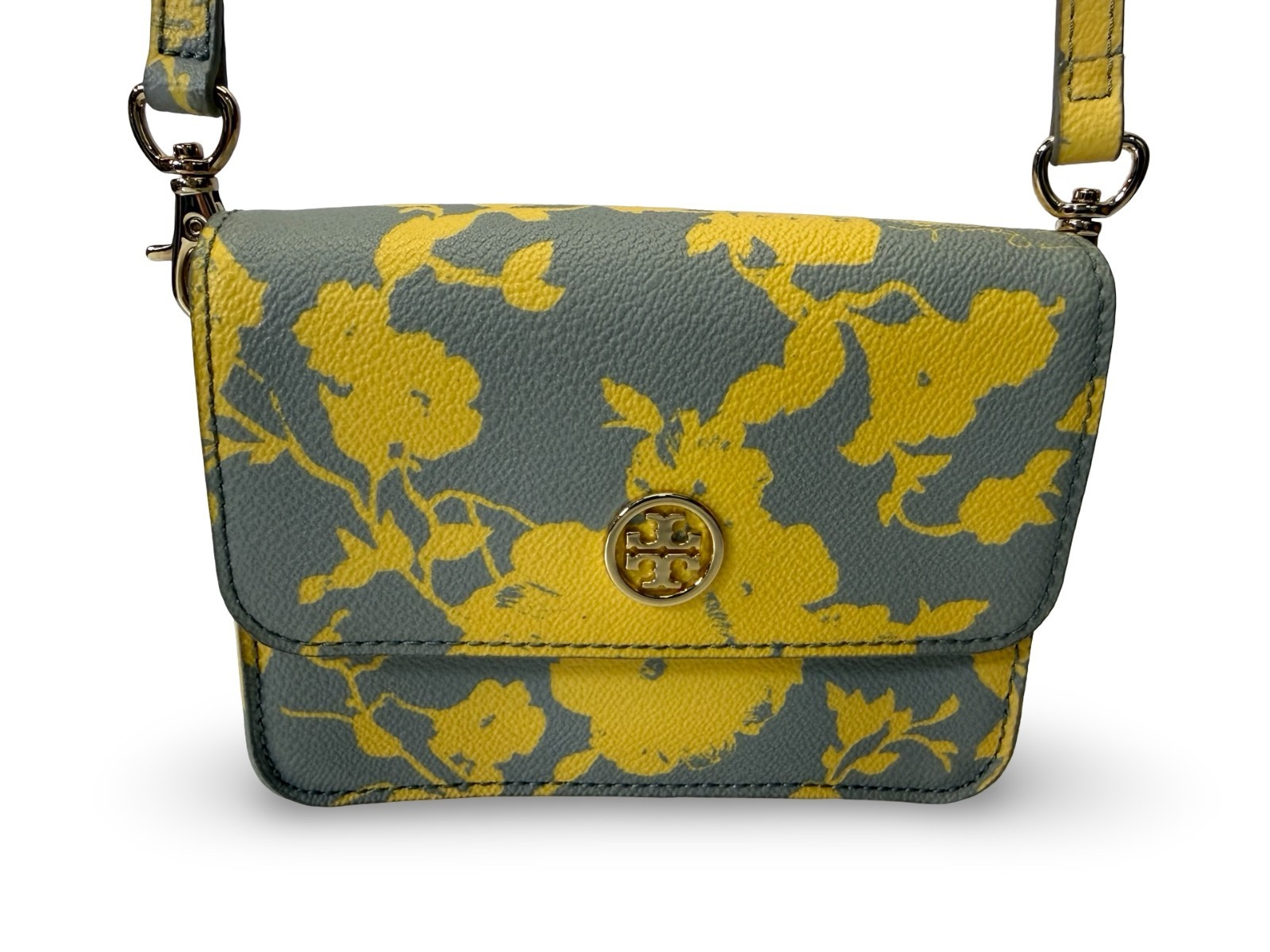 Tory Burch Castillo Yellow Gray Floral Print Robinson Micro Crossbody Purse
