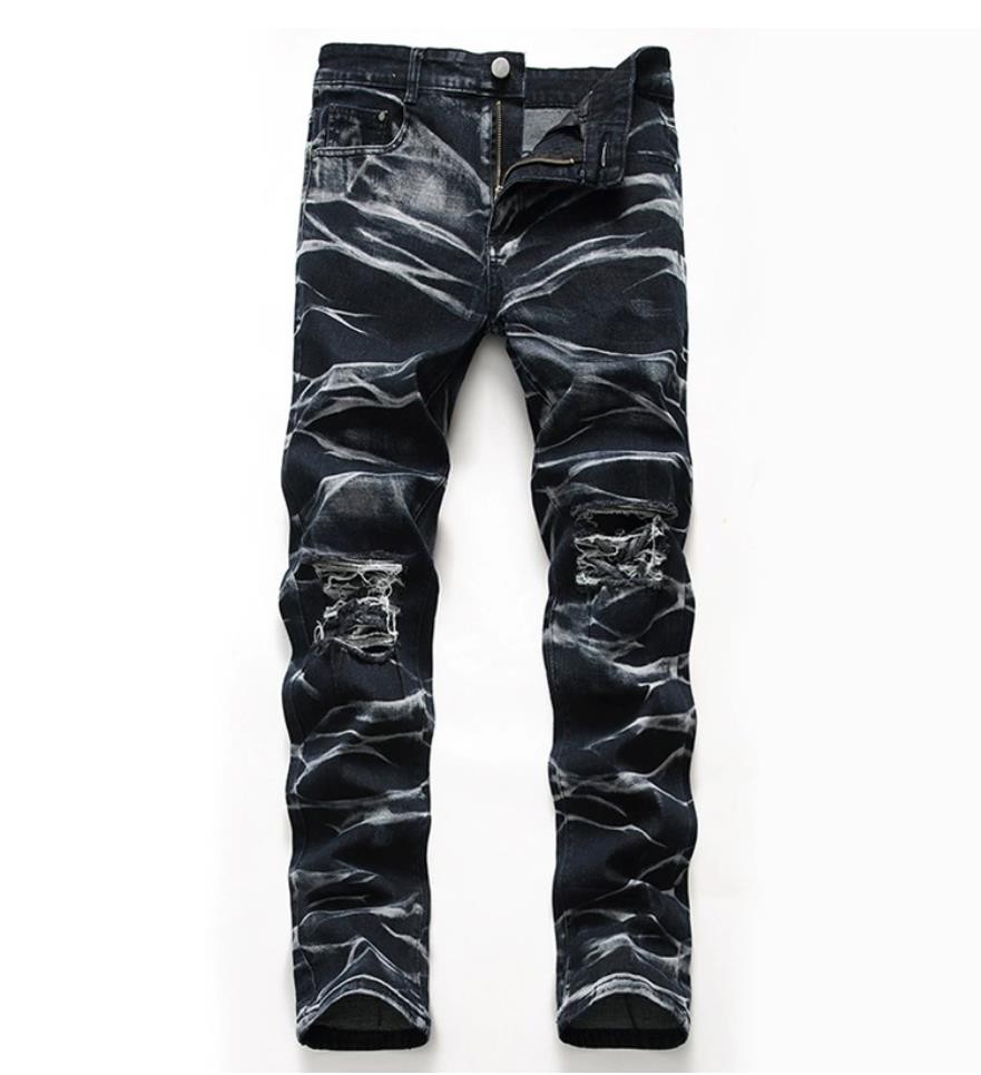 Men’s Black Mixed Denim Cotton Jeans Punk Hip Hop Trousers Pants Trousers Casual