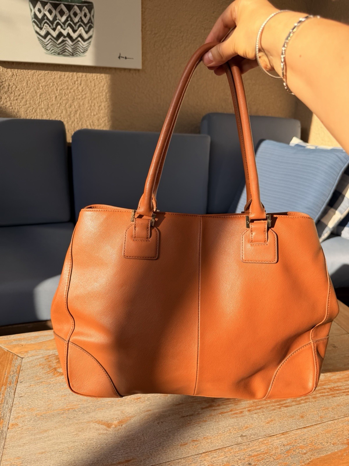 Tory Burch Robinson Saffiano Leather Tote Bag Cognac Brown Zip Satchel 16 Inch