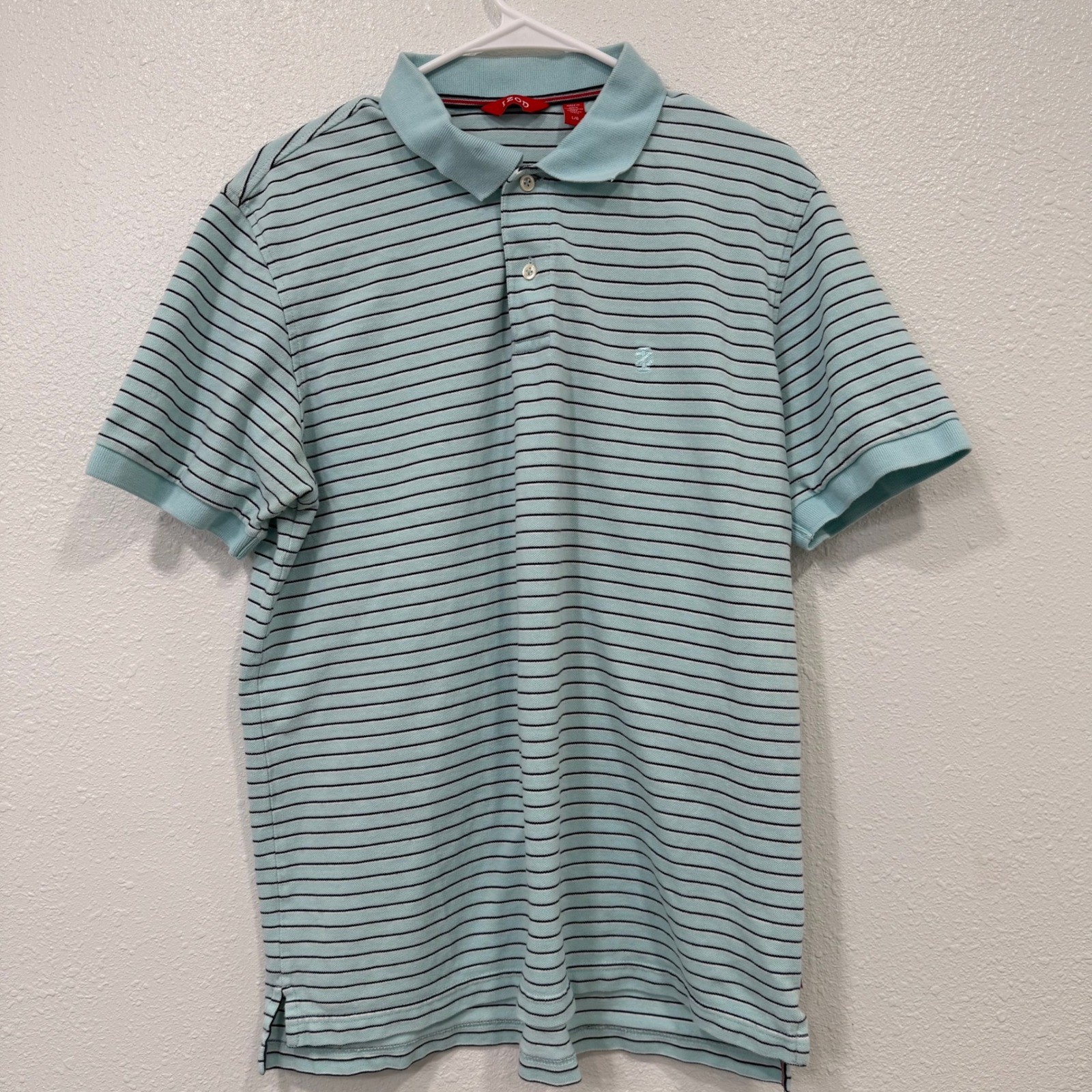 IZOD Mens Polo Shirt Large L Light Blue Navy Striped Short Sleeve Casual Top