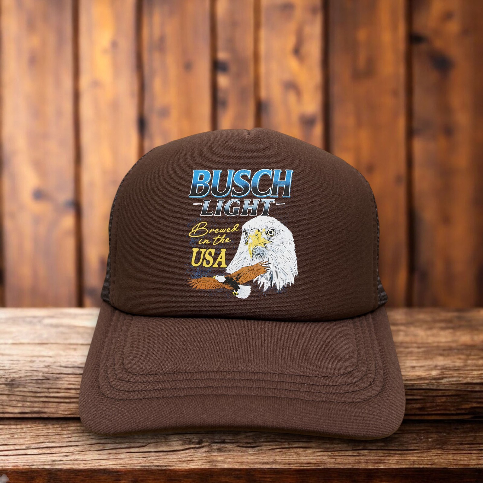 Busch Light Brewed In The USA Mens Trucker Hat Brown 70s Vintage Logo Beer Cap