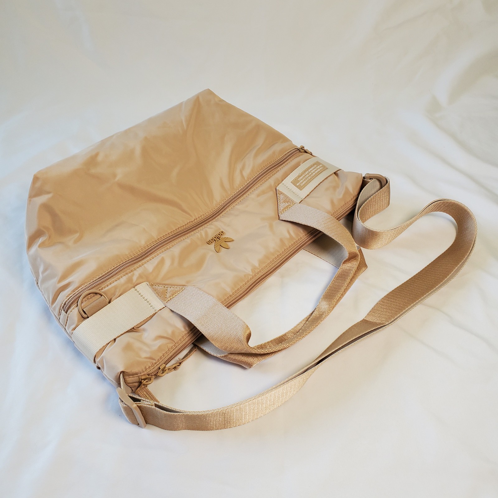 Adidas Stylish Sport Shopper Tote Puffer Travel Gym Bag Tan Beige Zip Top Purse