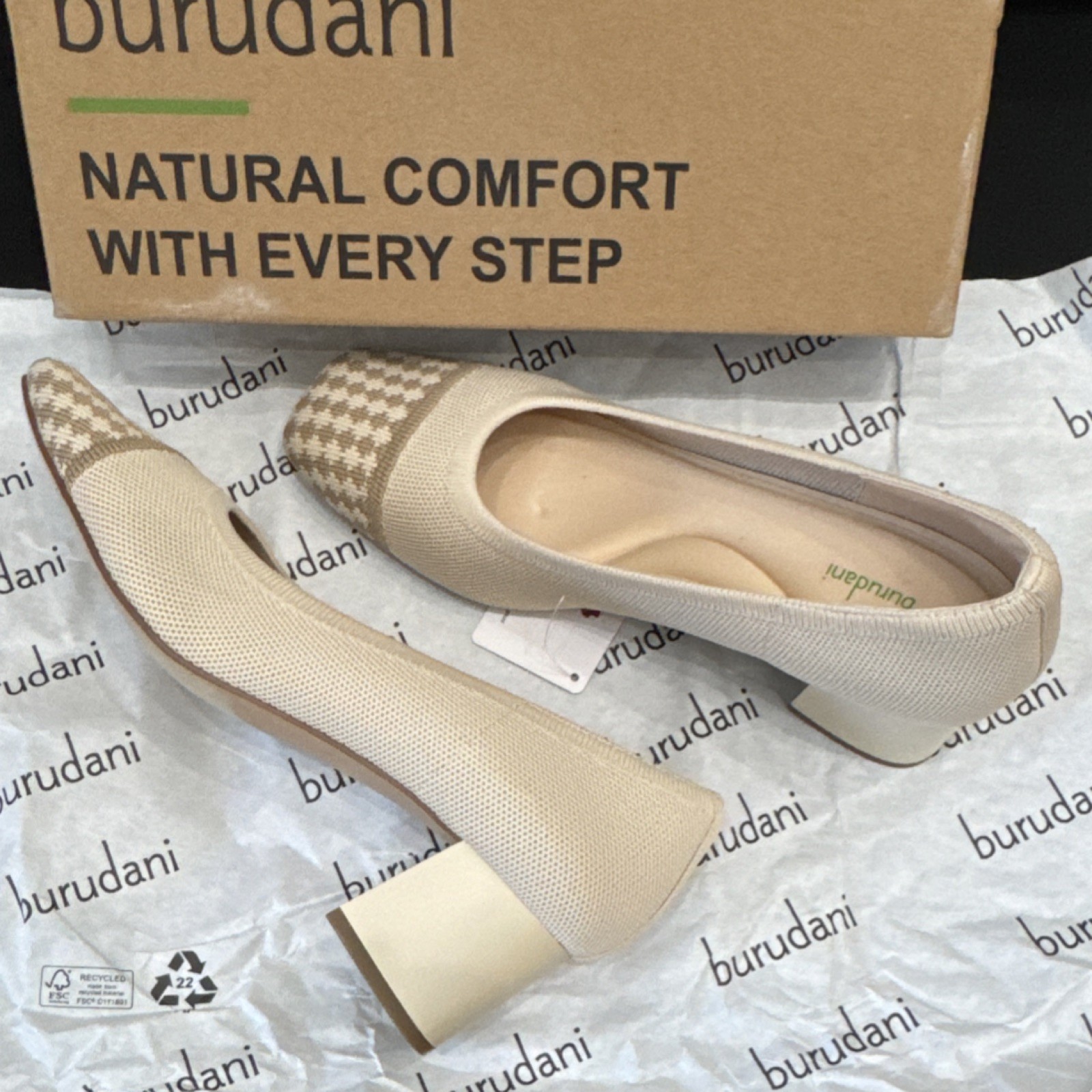 burudani Women’s Houndstooth Block Heel Comfort Pumps Arch Support Beige Brown 9