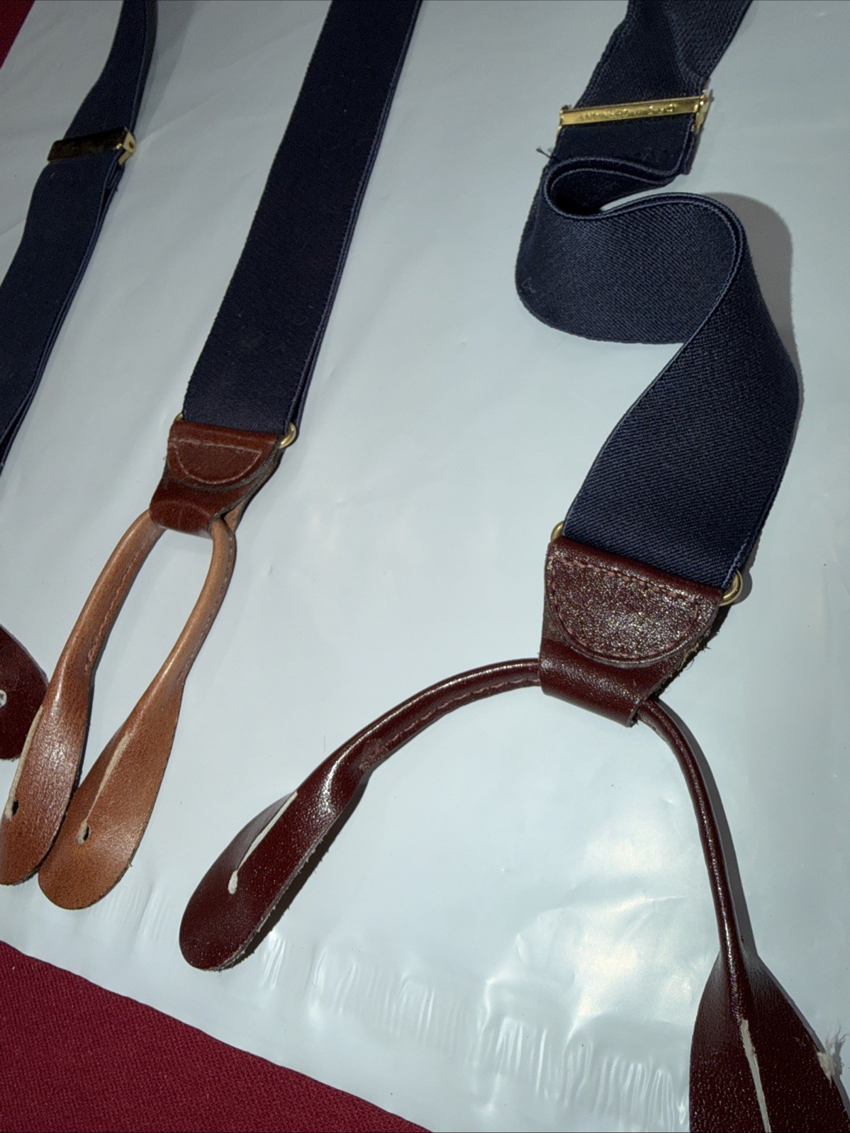 Vintage CAS W Germany BLUE Suspenders BROWN Leather Button Tab Braces Y strap OS