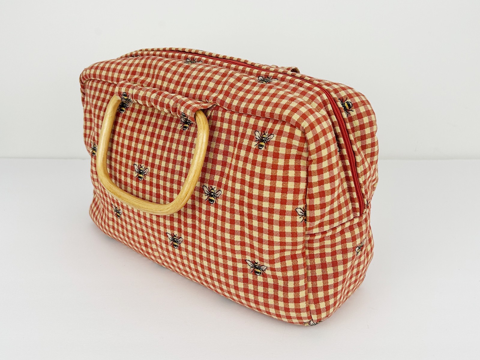 Bee Gingham Top Handle Handbag Bamboo Handle Coastal Preppy Handmade Purse