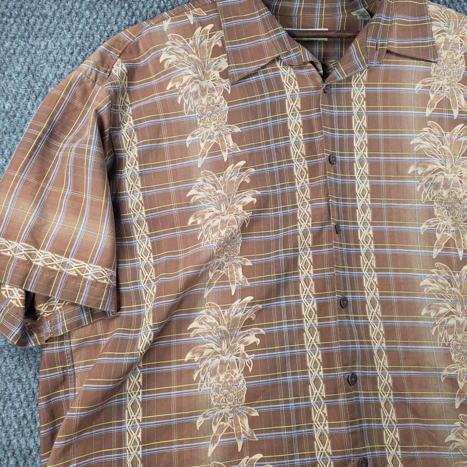 Vintage Tommy Bahama 100% Silk Aloha Shirt Mens XXL Brown Hawaiian Pineapple 90s