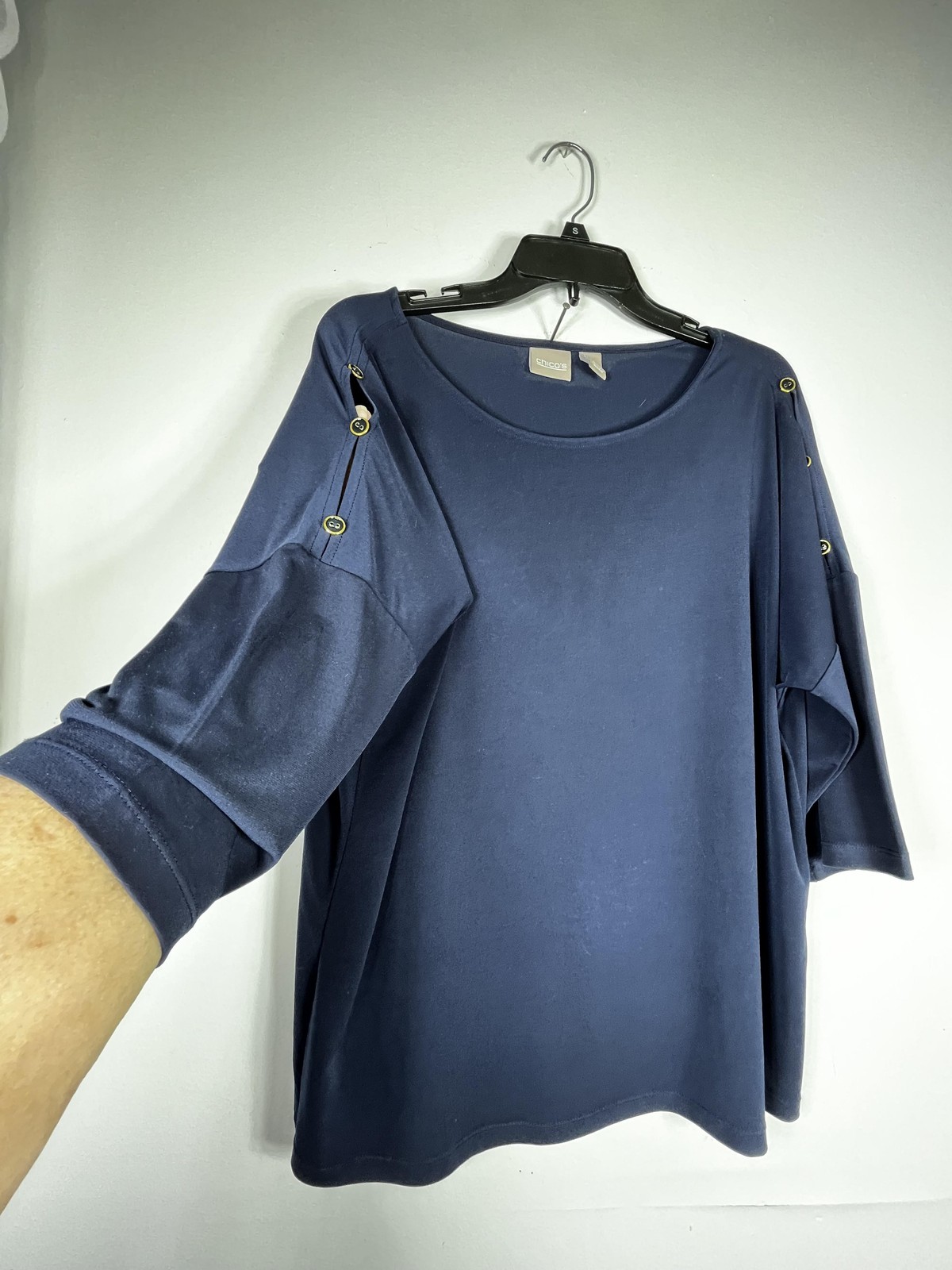 Chico’s Blouse Womens 2 L Blue Boat Neck Button Dolman 3/4 Sleeve Jersey Top