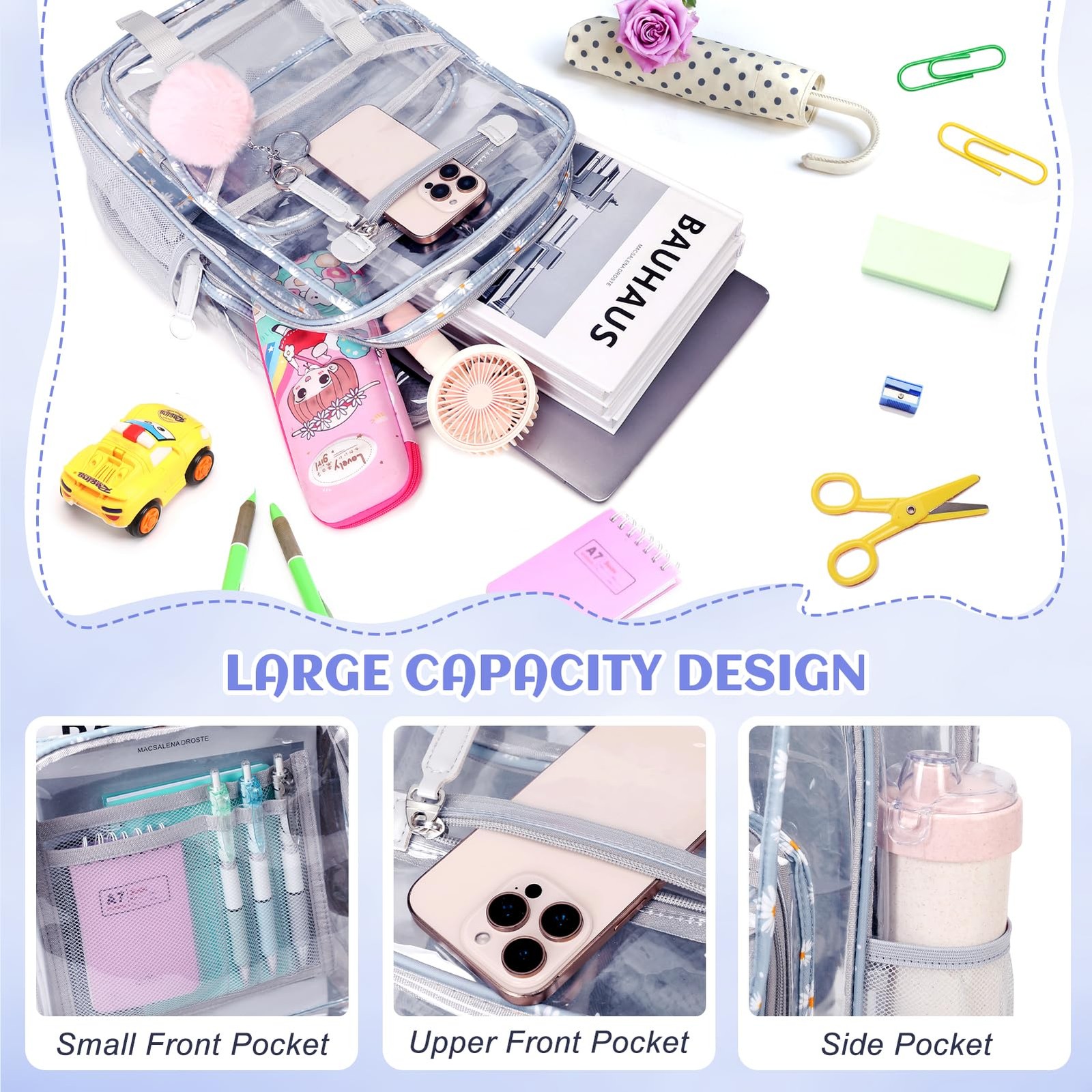 Girls Clear Backpack 11.8in X 5.9in X 16.2in with Lunch Bag – Heavy Duty
