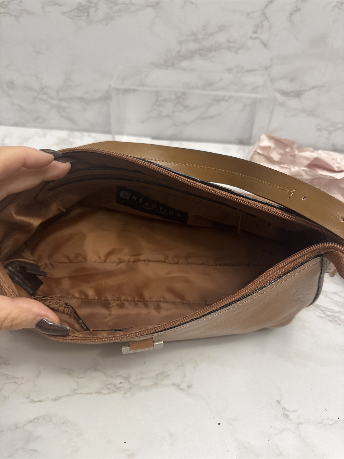 Kenneth Cole Reaction Brown PVC Corpotate Shoulder Bag Trim Baguette 5x11x3.5”