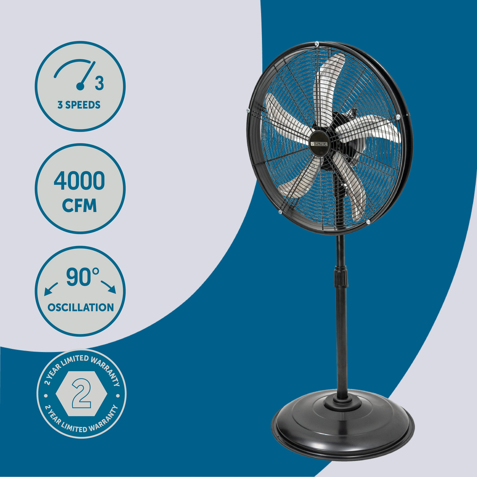 Utilitech 20-in High Velocity Indoor Oscillating Pedestal Fan, in Black|16343