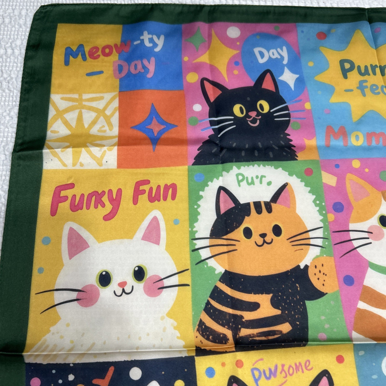 Colorful Cats Funky Fun 26” Square Scarf Floaty Green Border New Breeds Kitties