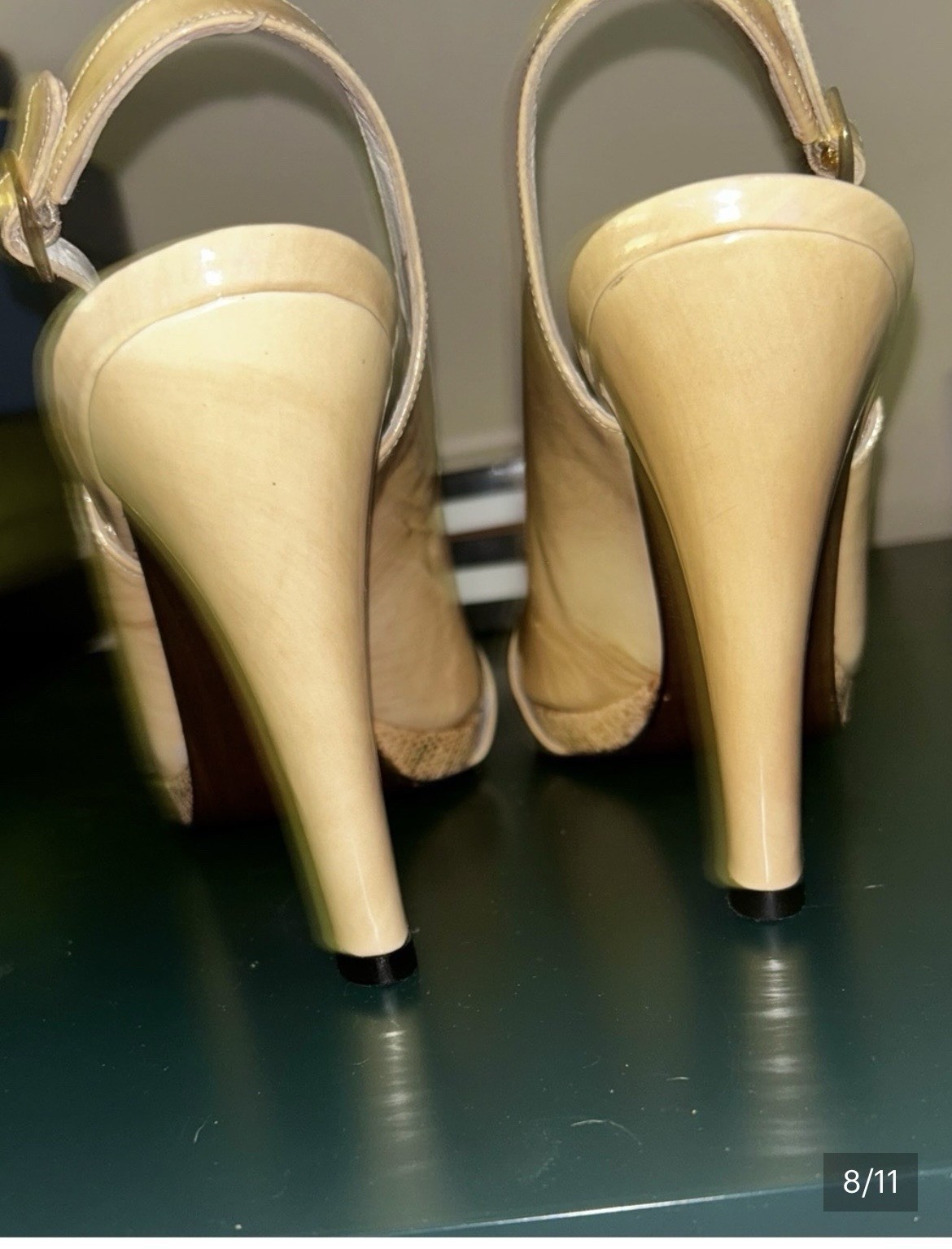 Stuart Weitzman Women’s Beige Patent Leather Slingback Peep Toe Buckle US 9.5 M