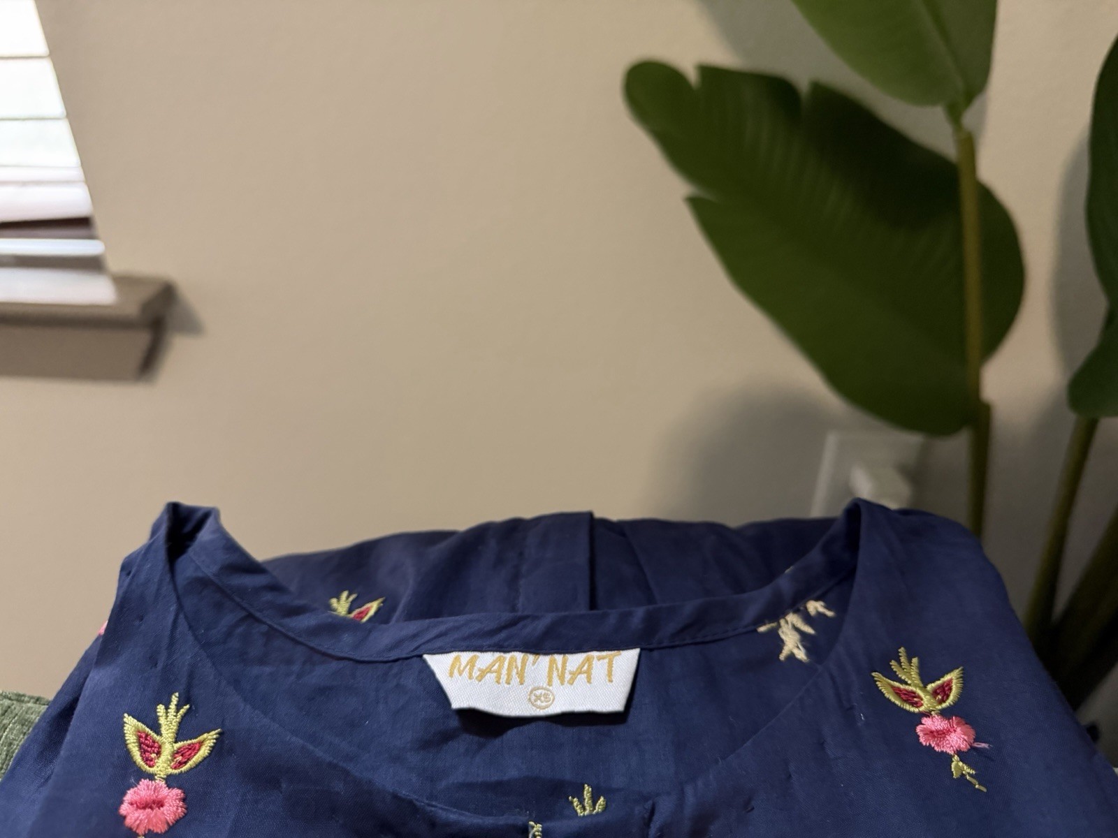 Navy Blue Cotton Lawn Embroidered Dress – Floral Pink & Green Design- XS
