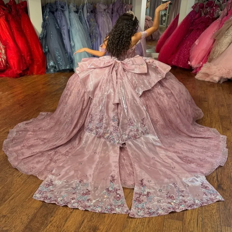Pink Shiny Sequin Applique Lace Beading Quinceanera Dress Bow Sweet 16 Ball Gown