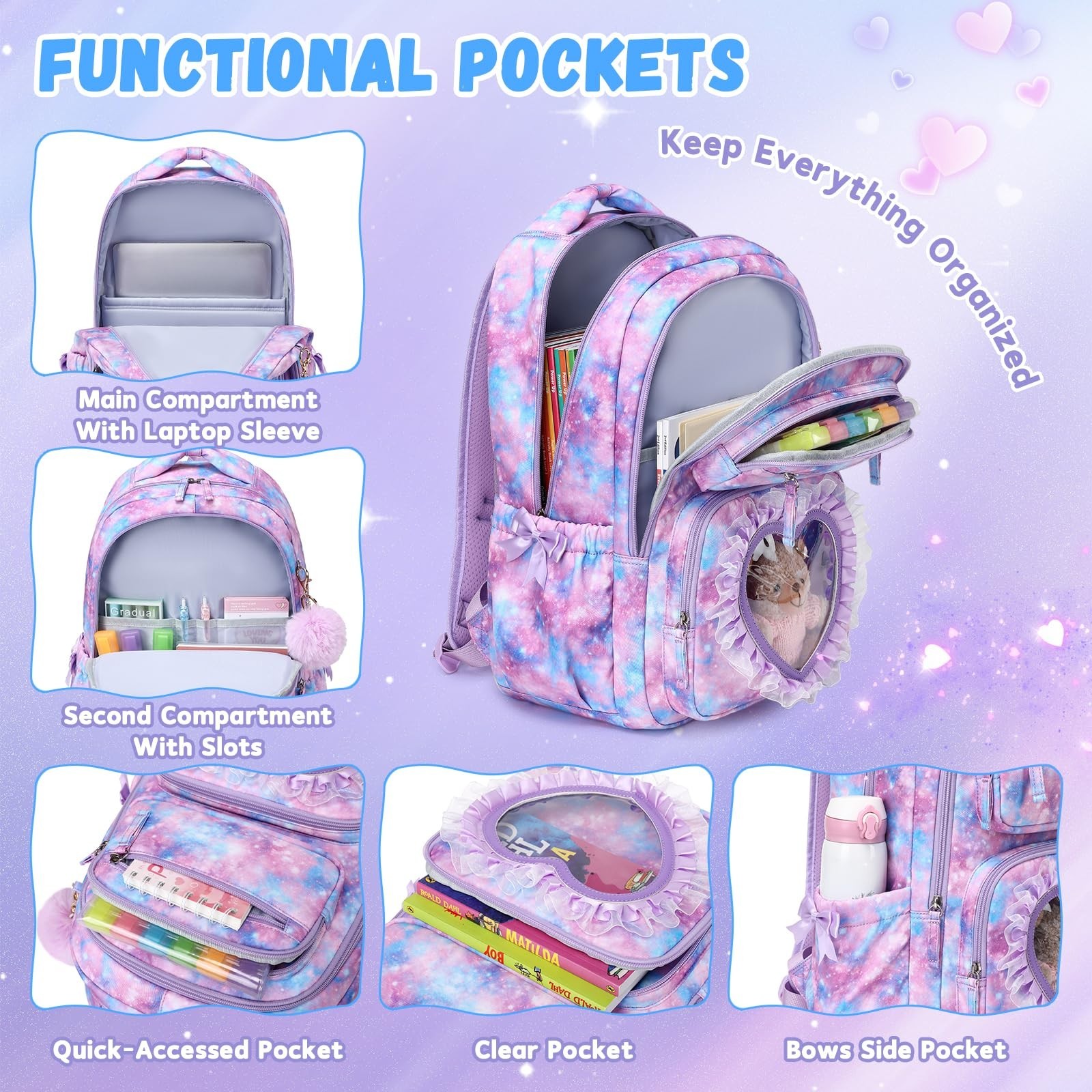 Cute Girls Backpack 17″ Lightweight Bookbag for Ages 6-12, Heart Pocket & Bowkno
