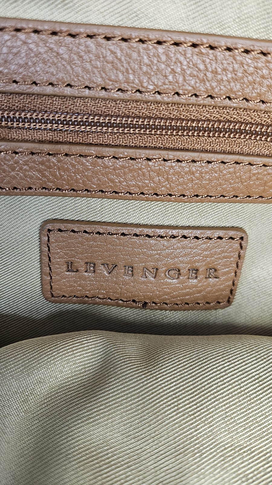 LEVENGER Blue Navy Dark Denim Canvas Brown Leather Medium Pocket Tote Bag Purse