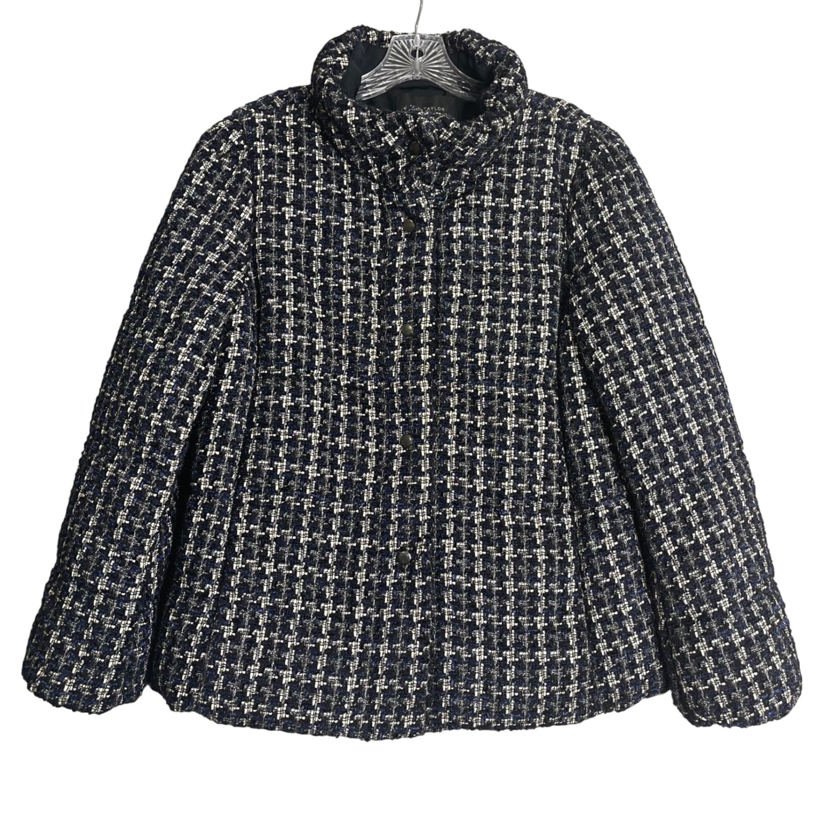 Ann Taylor Tweed Puffer Jacket Women L Black Navy Plaid High Neck Preppy Classic