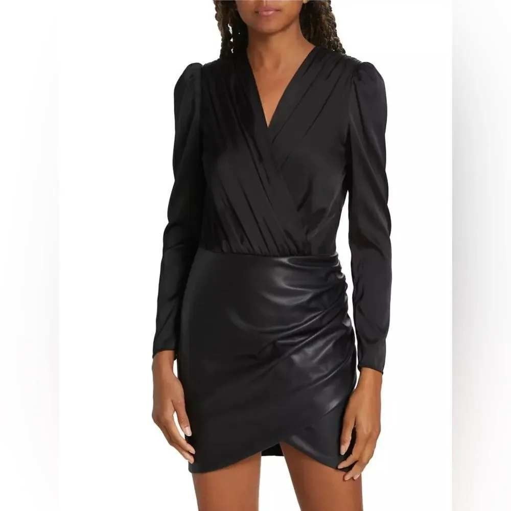 Generation Love Miley Faux Leather Combo Dress Black Draped V-Neck Mini Small