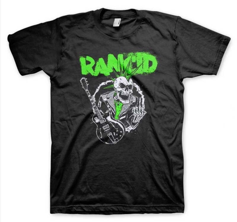 New Rancid Mohawk Skeletim Guitar Green & Black Punk Band T-Shirt badhabitmerch