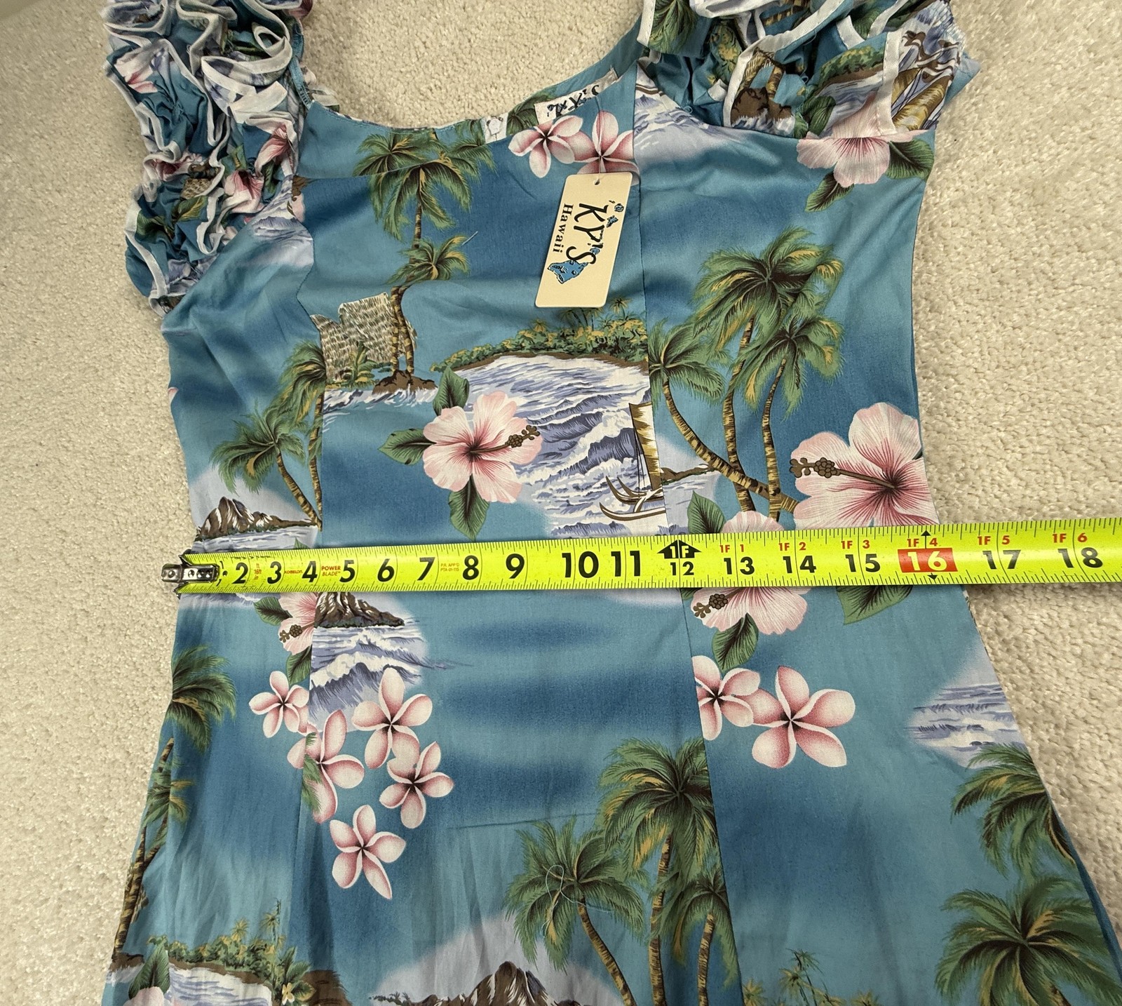 KY’S Hawaii Muumuu Dress Womens M Blue Floral Cotton Sundress Ruffle Hawaii