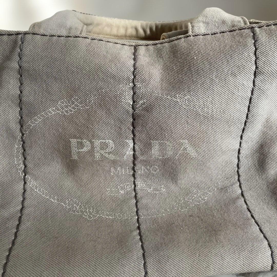 PRADA Canapa Canvas Tote Handbag Greige Triangle Logo Plate Bag Women Junk