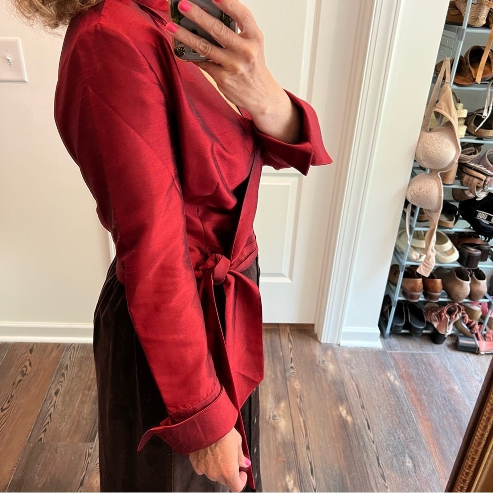 Coldwater creek faux silk deep red wrap top size small red the color