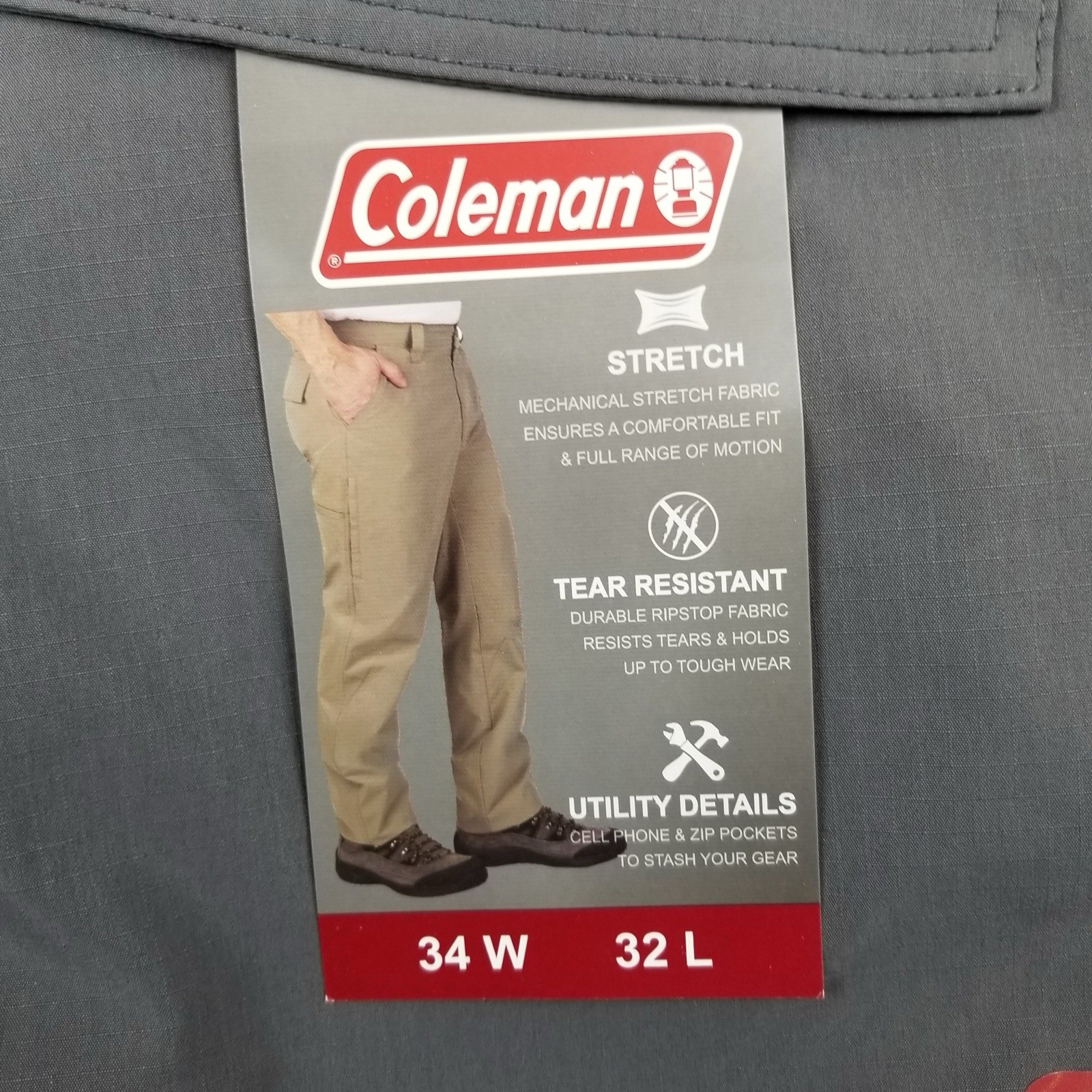 MEN COLEMAN STRETCH RIPSTOP HYBRID HIKING PANT CELL POCKET 34×32 GREY