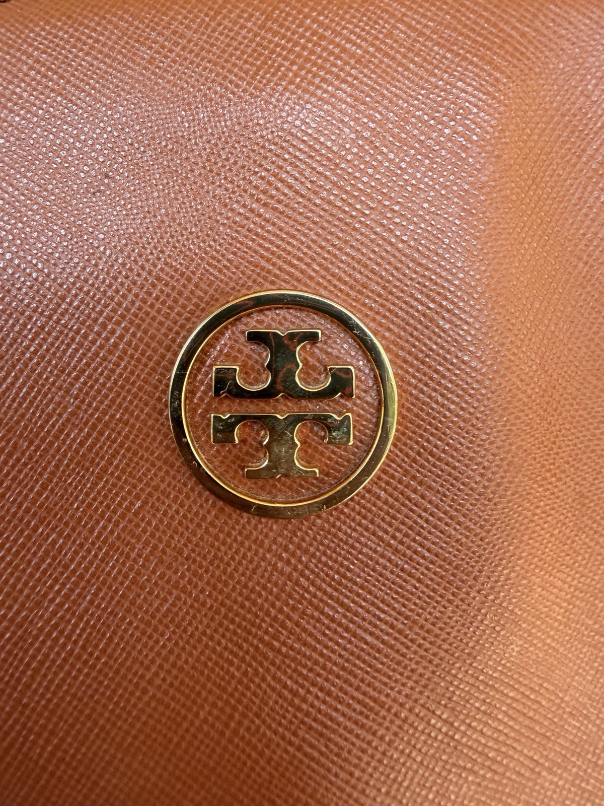 Tory Burch Robinson Saffiano Leather Tote Bag Cognac Brown Zip Satchel 16 Inch