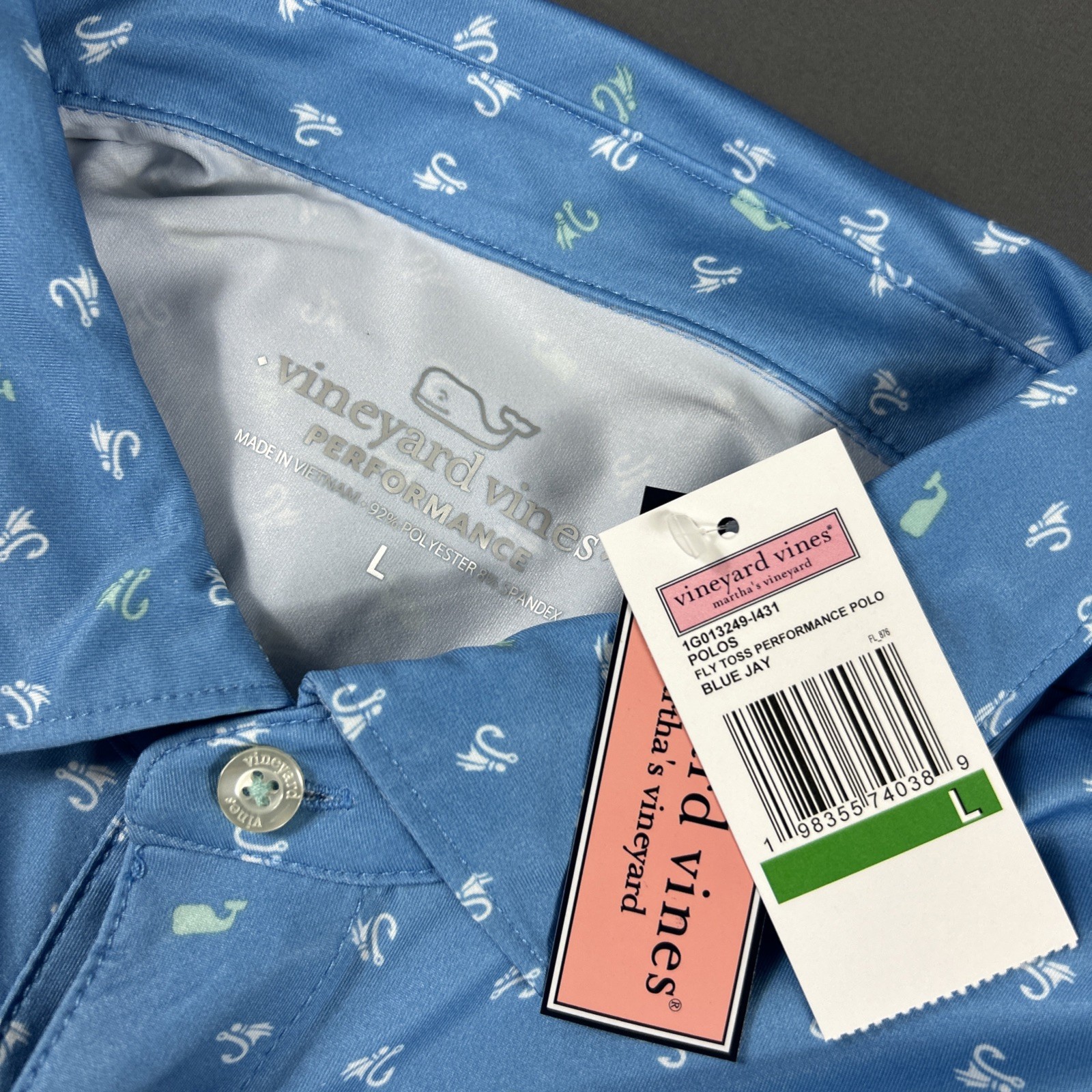 Vineyard Vines Golf Shirt Polo Fly Toss Print Large Blue Polyester Spandex