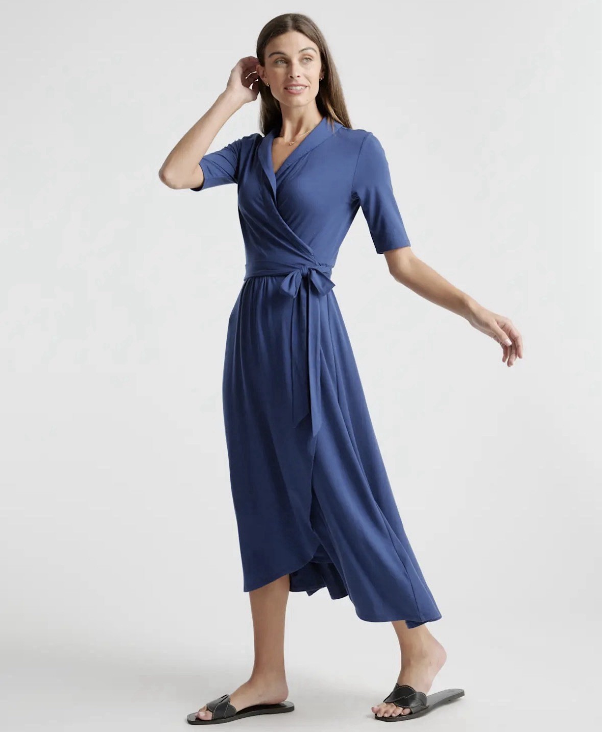 Quince Womens Navy Blue Tencel Jersey True Wrap Dress Midi sz S NWT Short Sleeve
