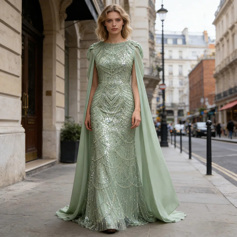 Evening Gown with Chiffon Cape Sleeves Pearls Formal Prom Dress for Customized