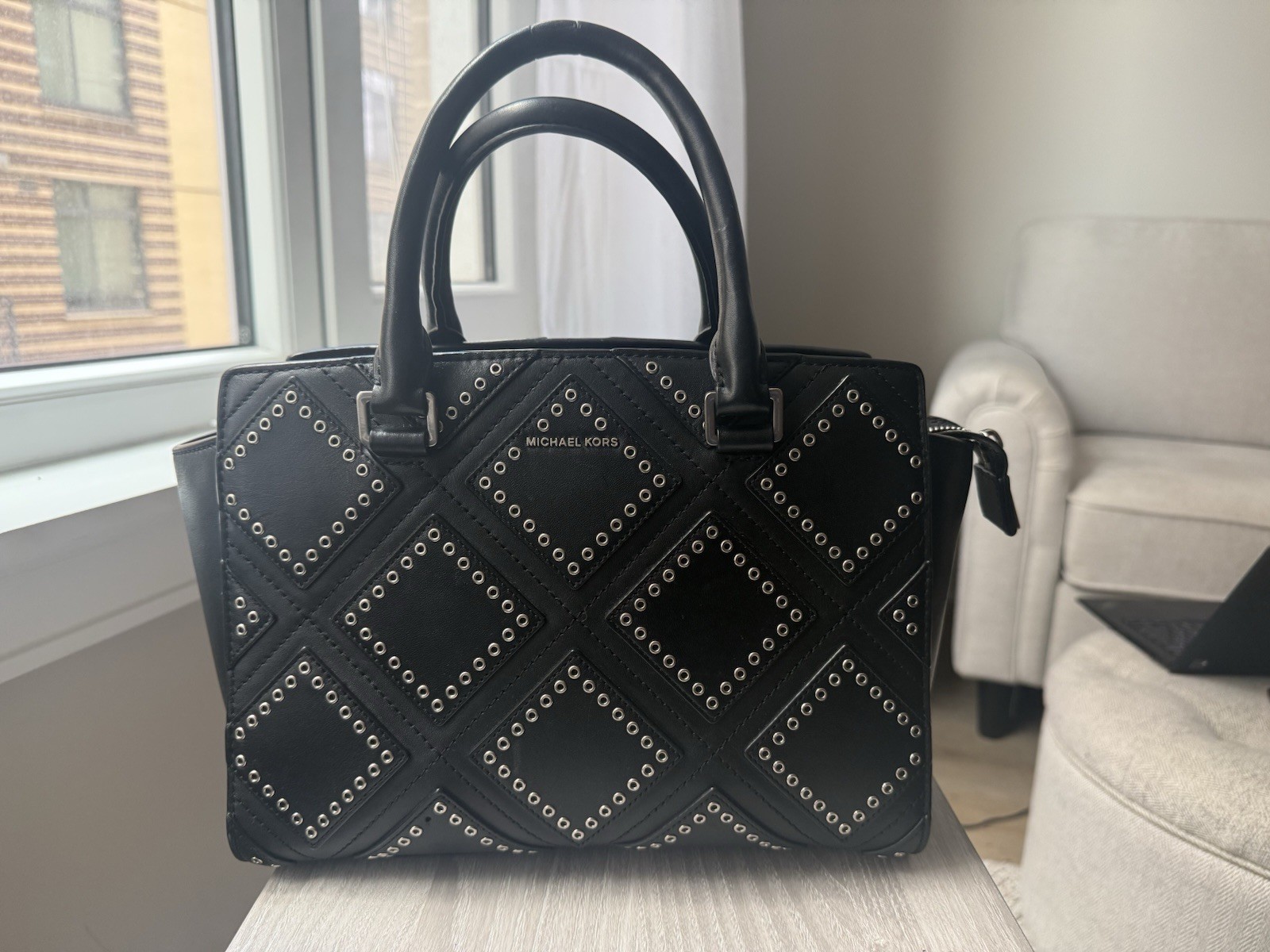 Michael Kors Selma Large Black Leather Grommet Studded Satchel Handbag Silver