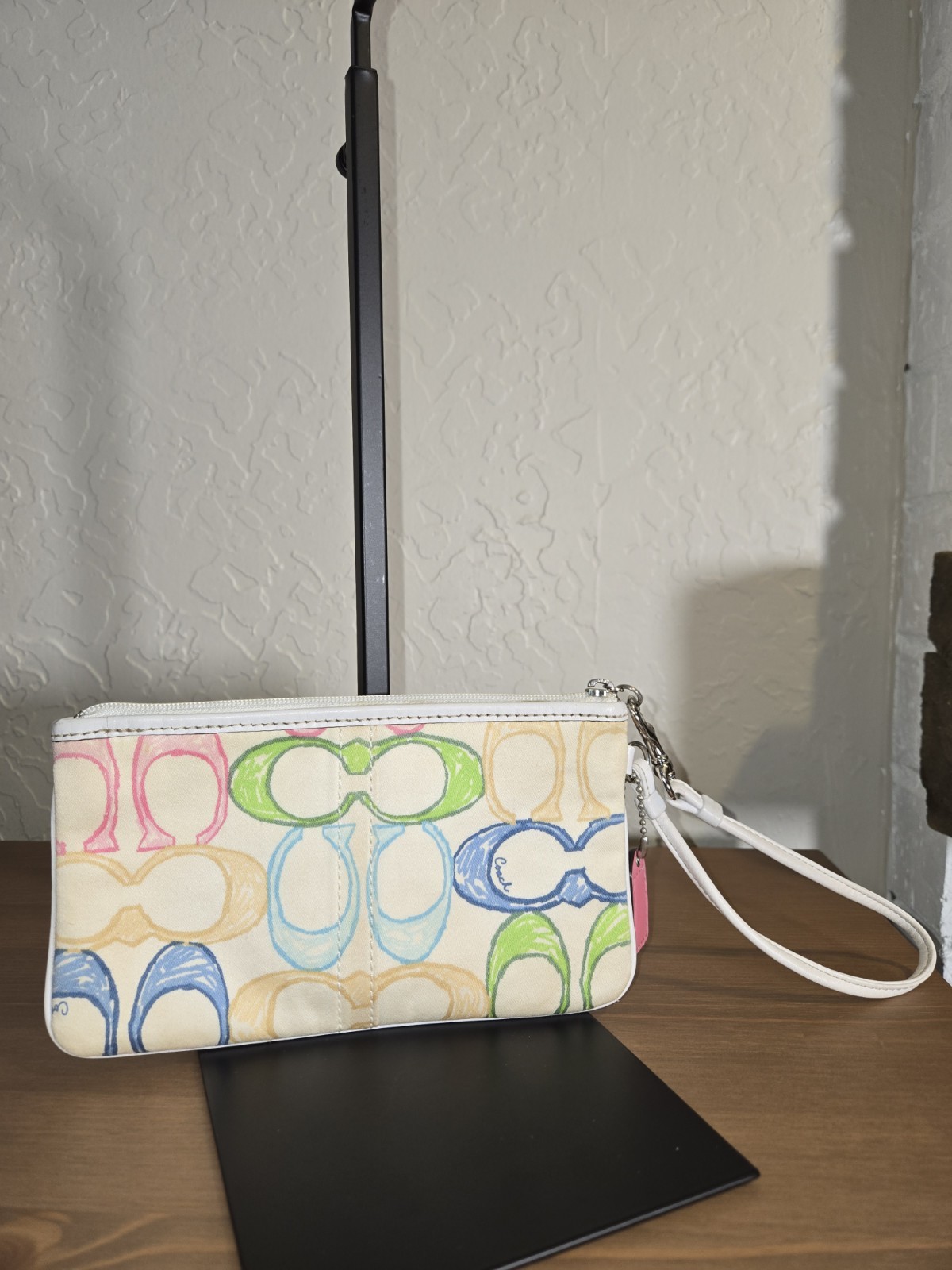 Coach Logo Wristlet Zip Pouch White Multicolor Wrist Strap 7.75 x 4.5
