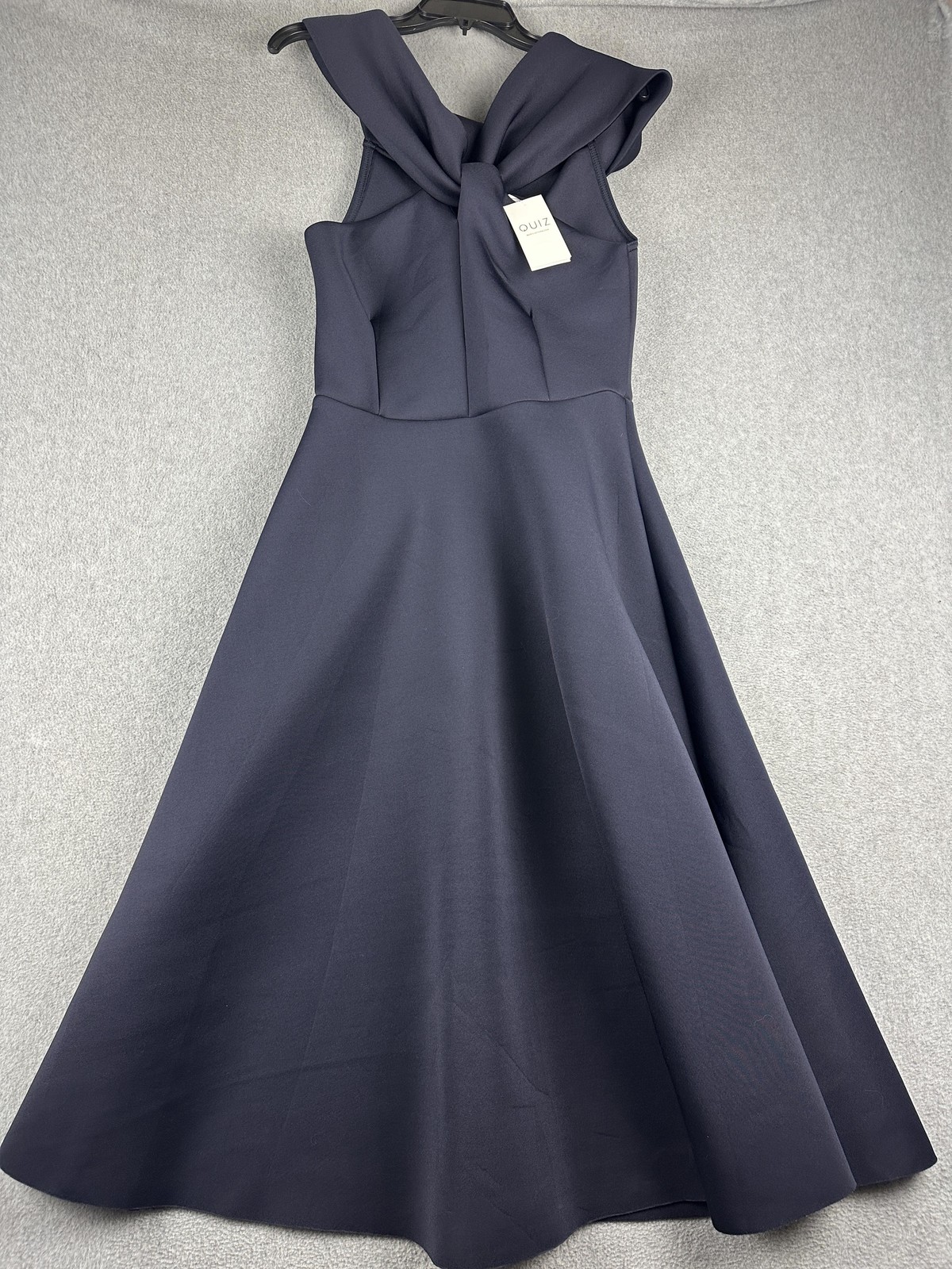 Quiz Dress Womens 8 Navy Scuba Twist Front Bardot Skater Fit Flare Knee NWT
