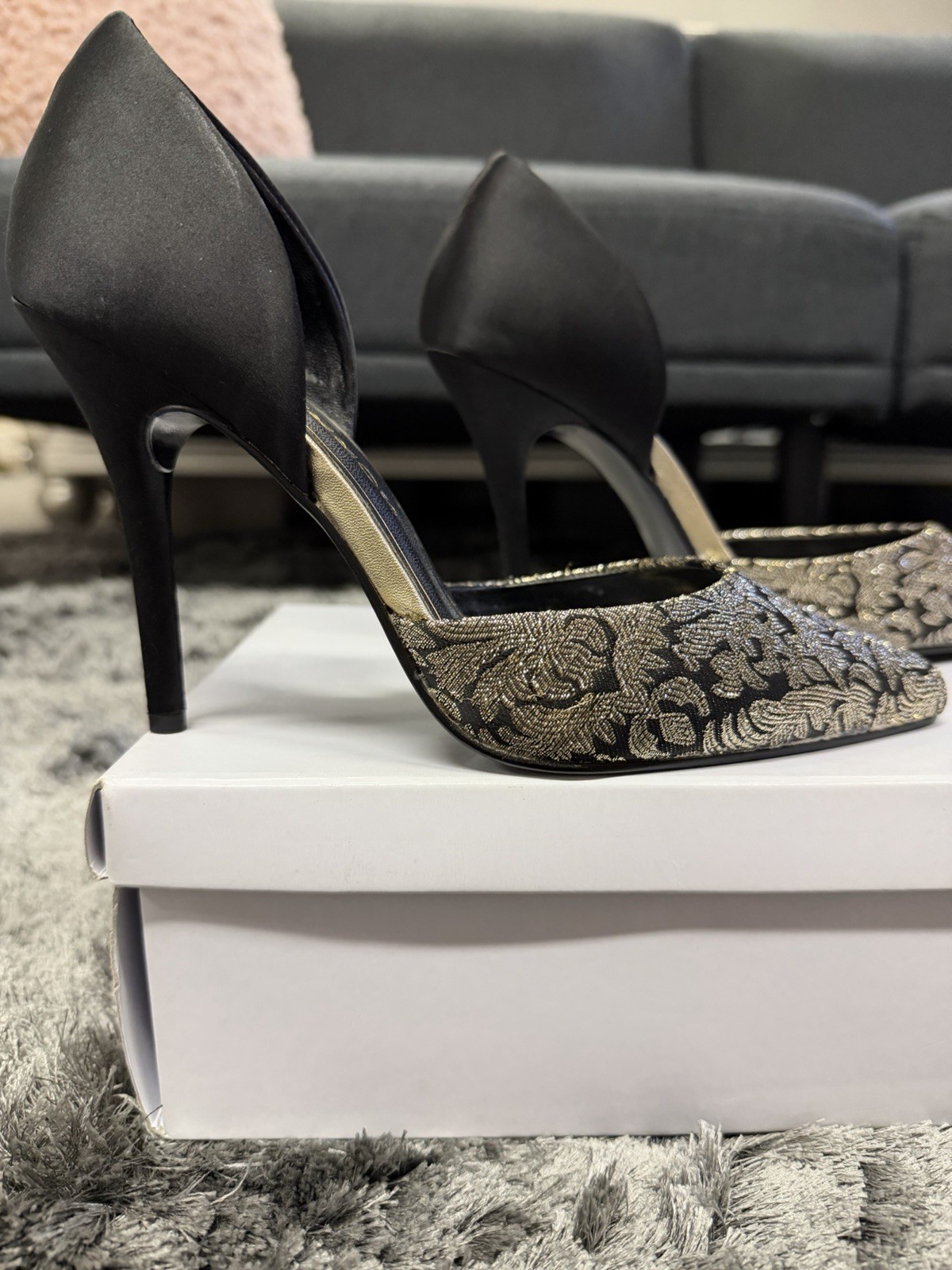 Caparros Black Gold Leather Floral Brocade Slip On Pointed Toe Pump 8M F6113