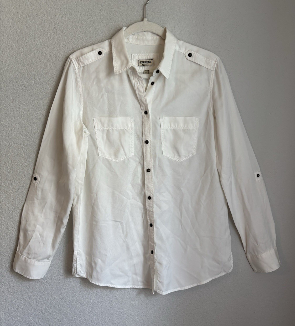 Express Boyfriend Utility Shirt White Oversized Tab Sleeves Size S School