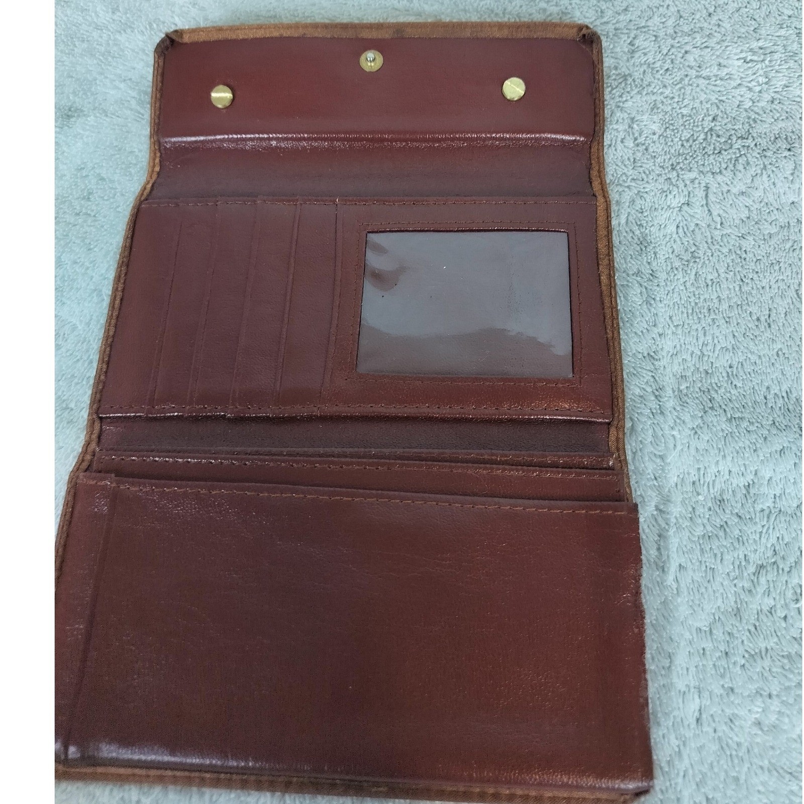 Vintage Moschino Satin Logo Plaque Tri-Fold Wallet Womens Brown Bronze 90s