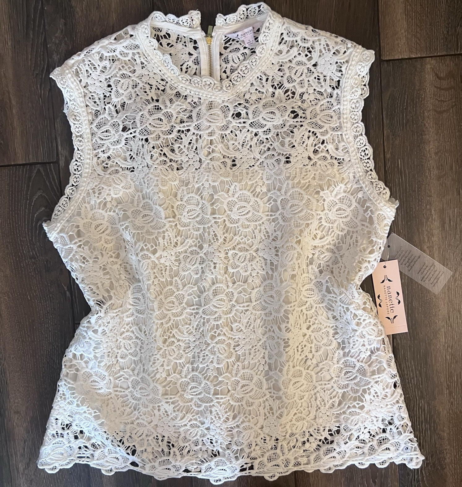 Nanette Lepore Women’s White Floral Lace Mock Neck Sleeveless Zip Top XL